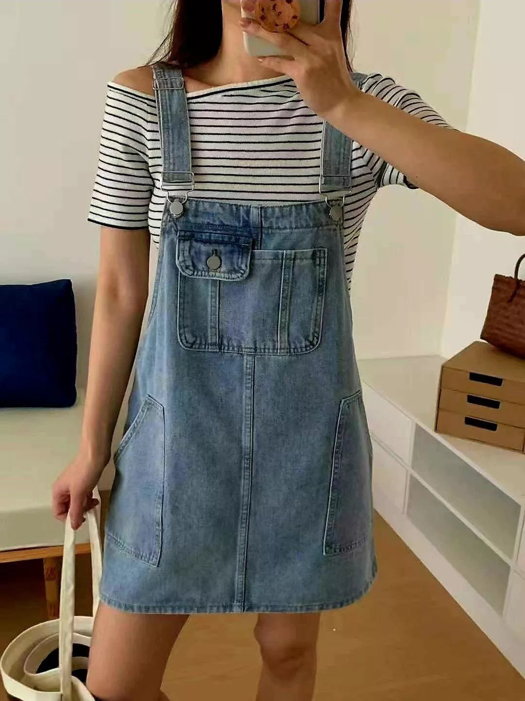 復古丹寧寬版吊帶裙