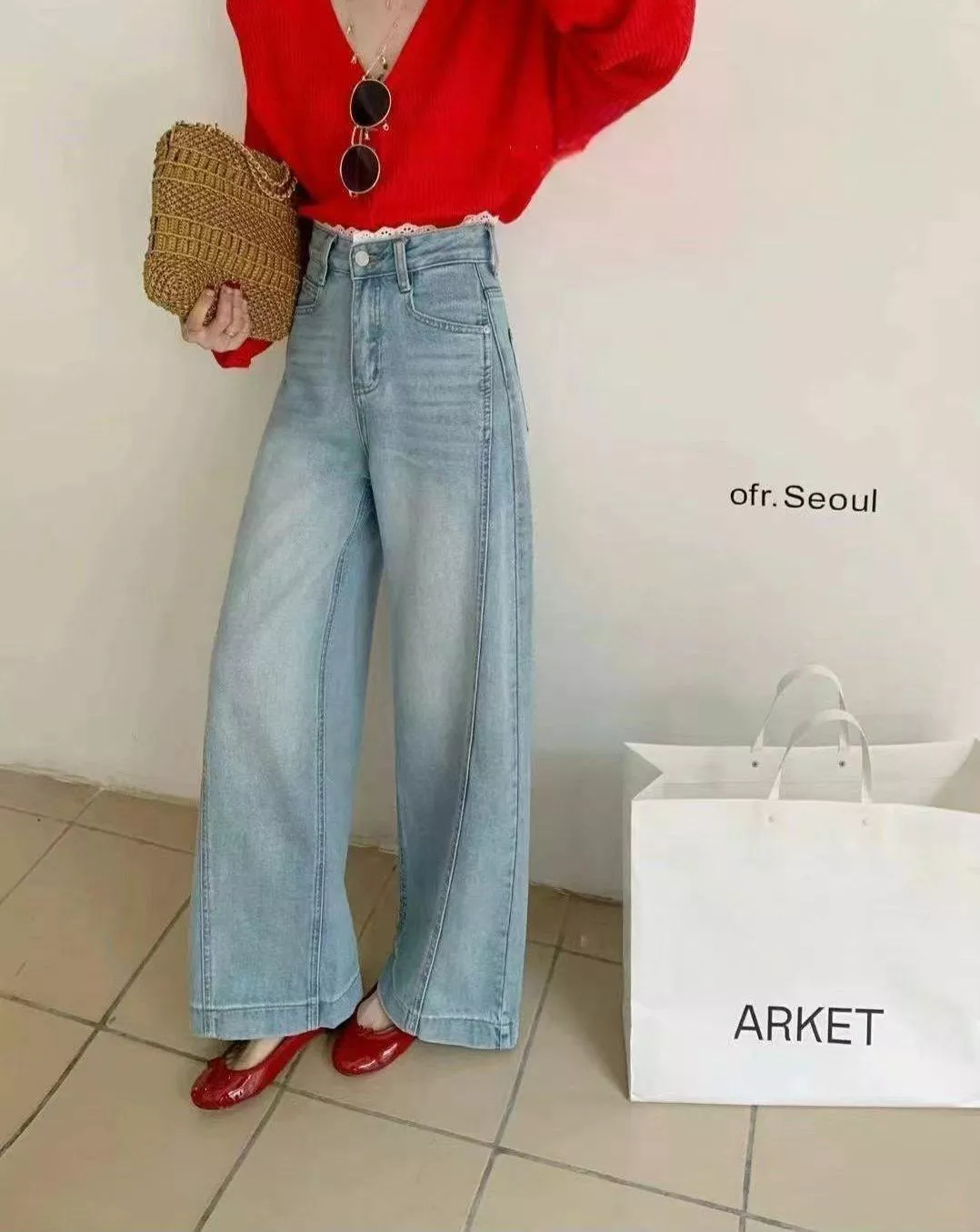 高腰蕾絲內襯寬腿牛仔褲