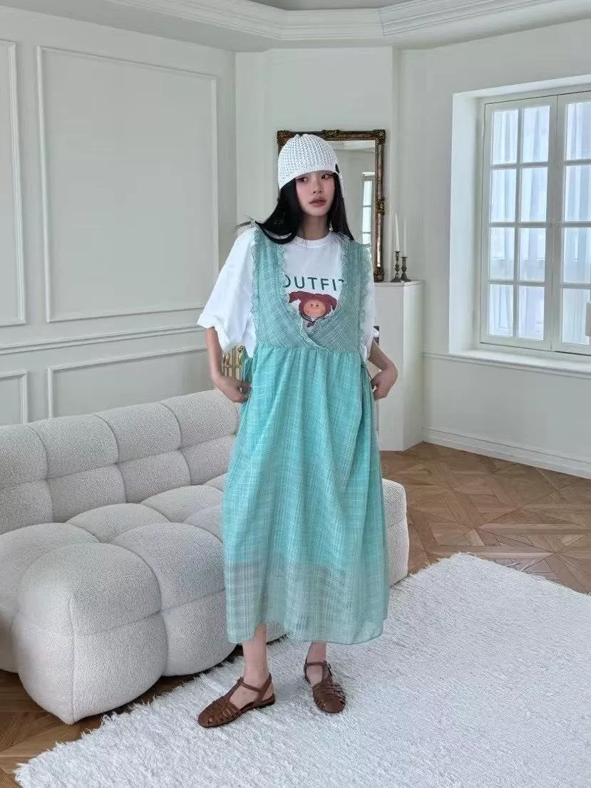 夏日微風．格紋荷葉邊背心洋裝