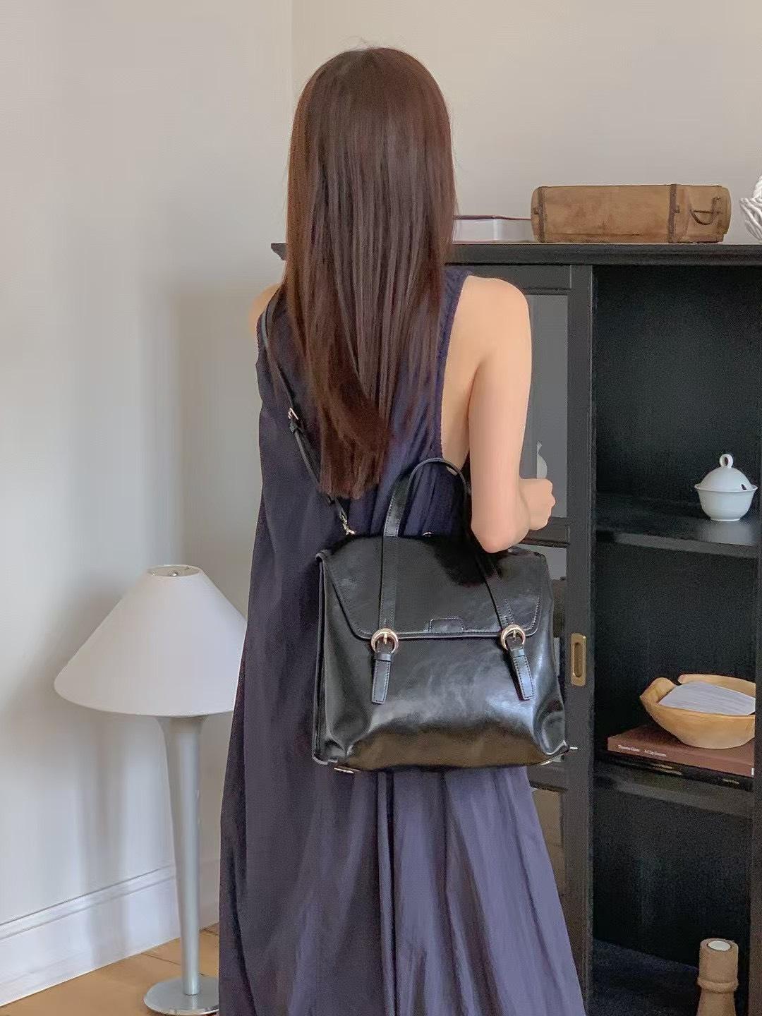 韓系復古牛皮雙帶背包