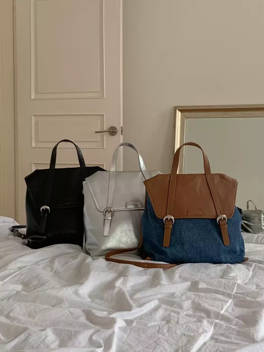 韓系復古牛皮雙帶背包