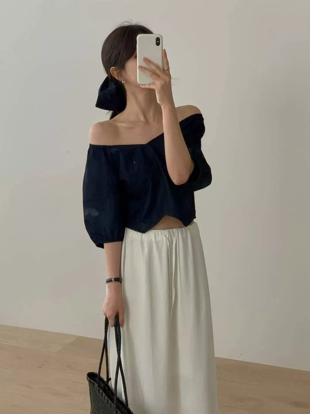 一字領牛仔感短上衣