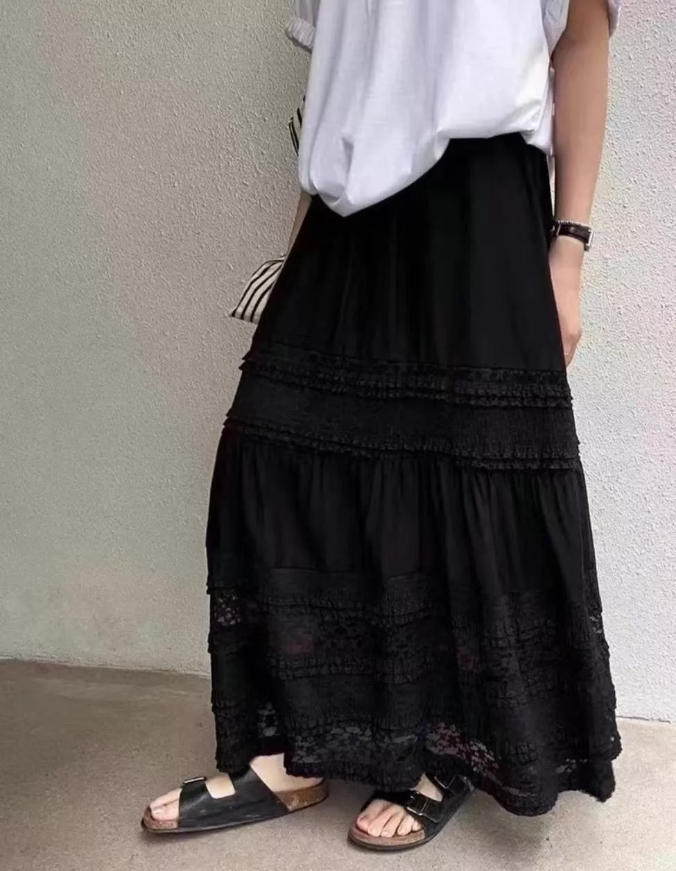 蕾絲拼接高腰雪紡長裙