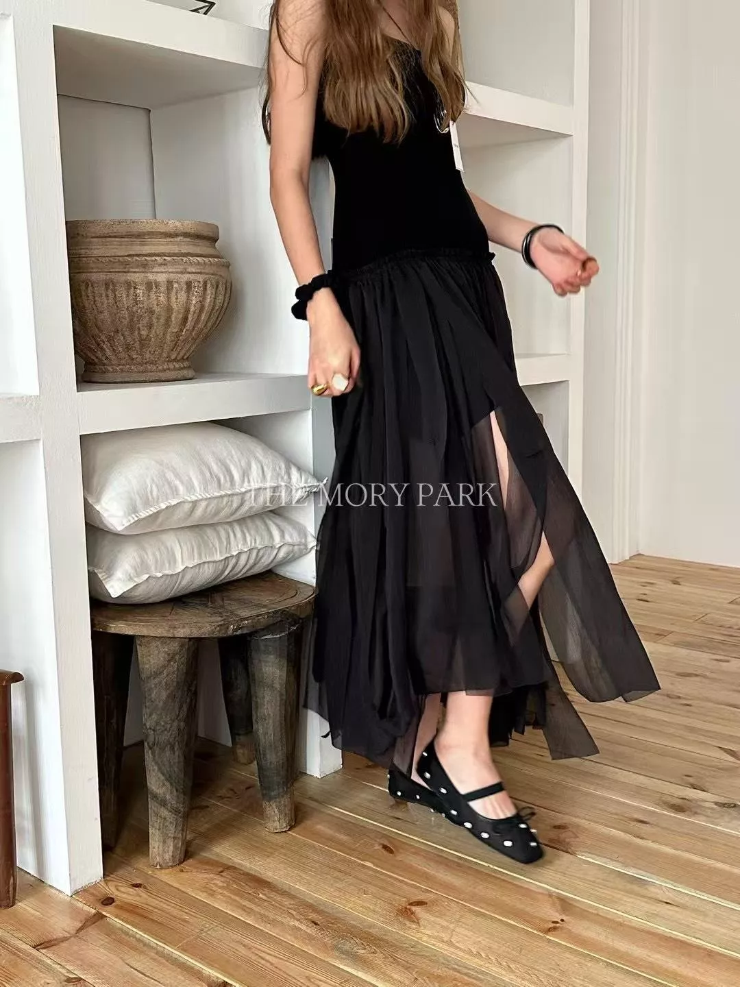 法式氣質拼接雪紗吊帶長洋裝