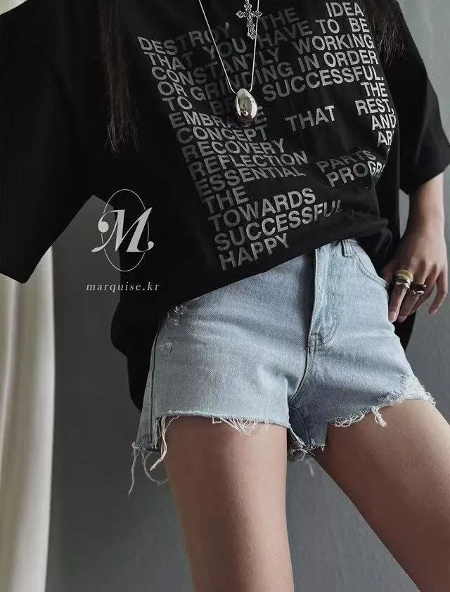 高腰刷破牛仔短褲