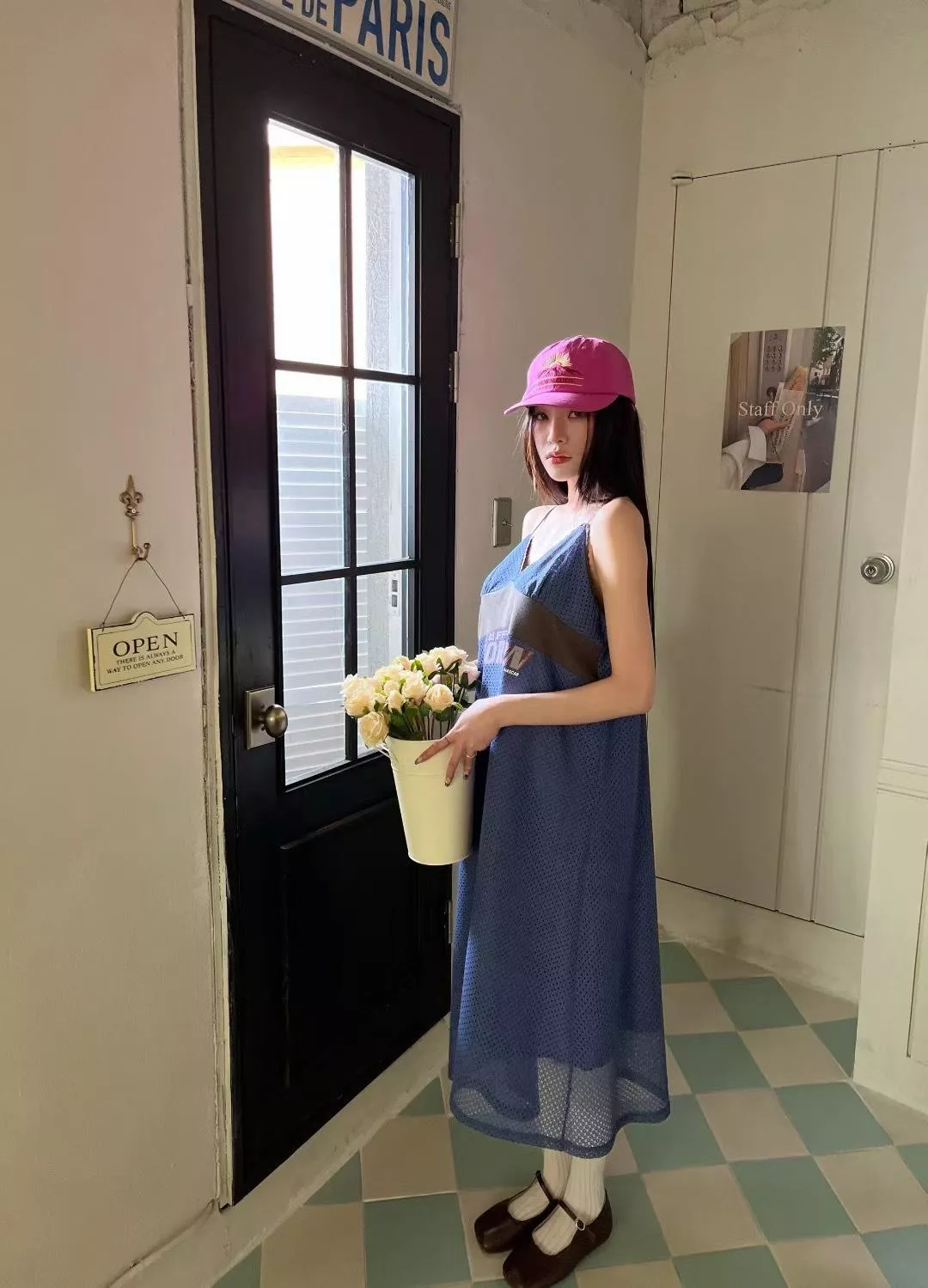 網紗拼接吊帶洋裝 (白/ 藍)