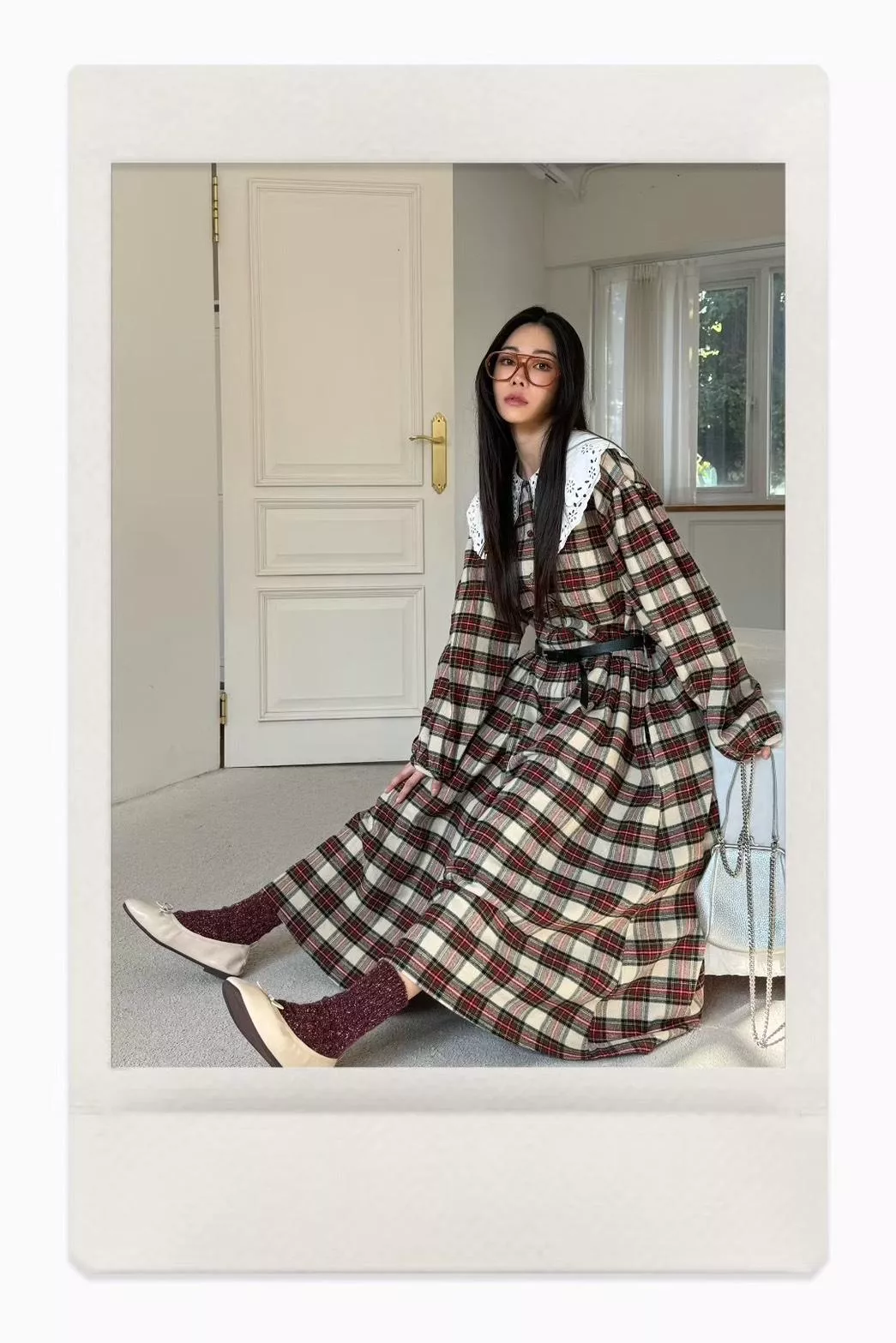 格紋娃娃領長洋裝