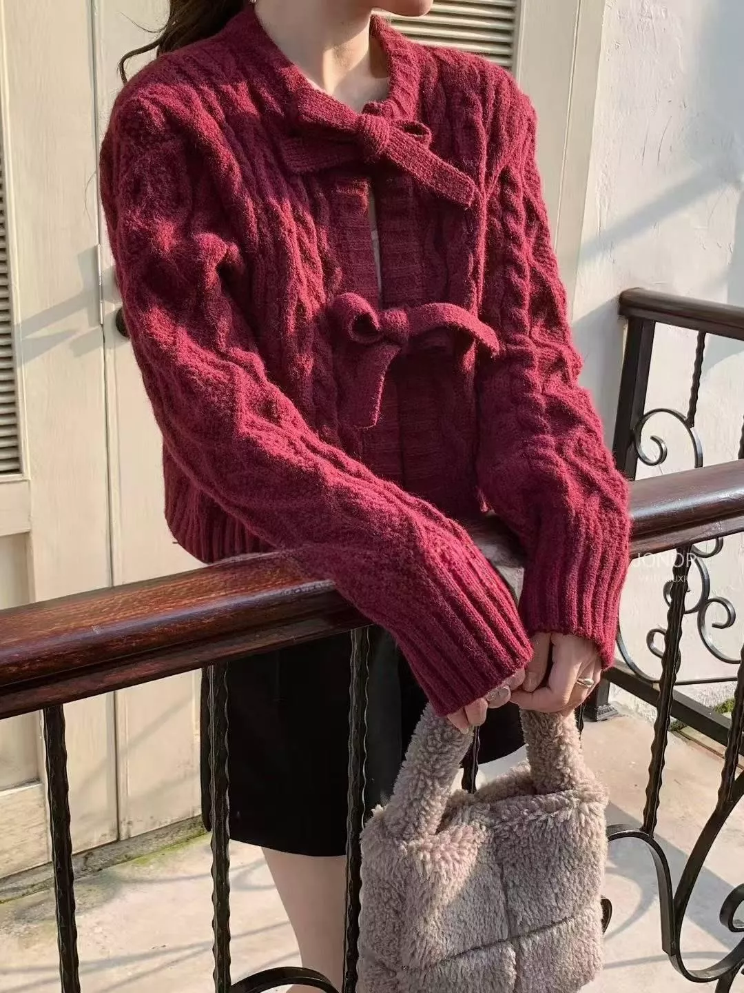 蝴蝶結綁帶麻花針織外套