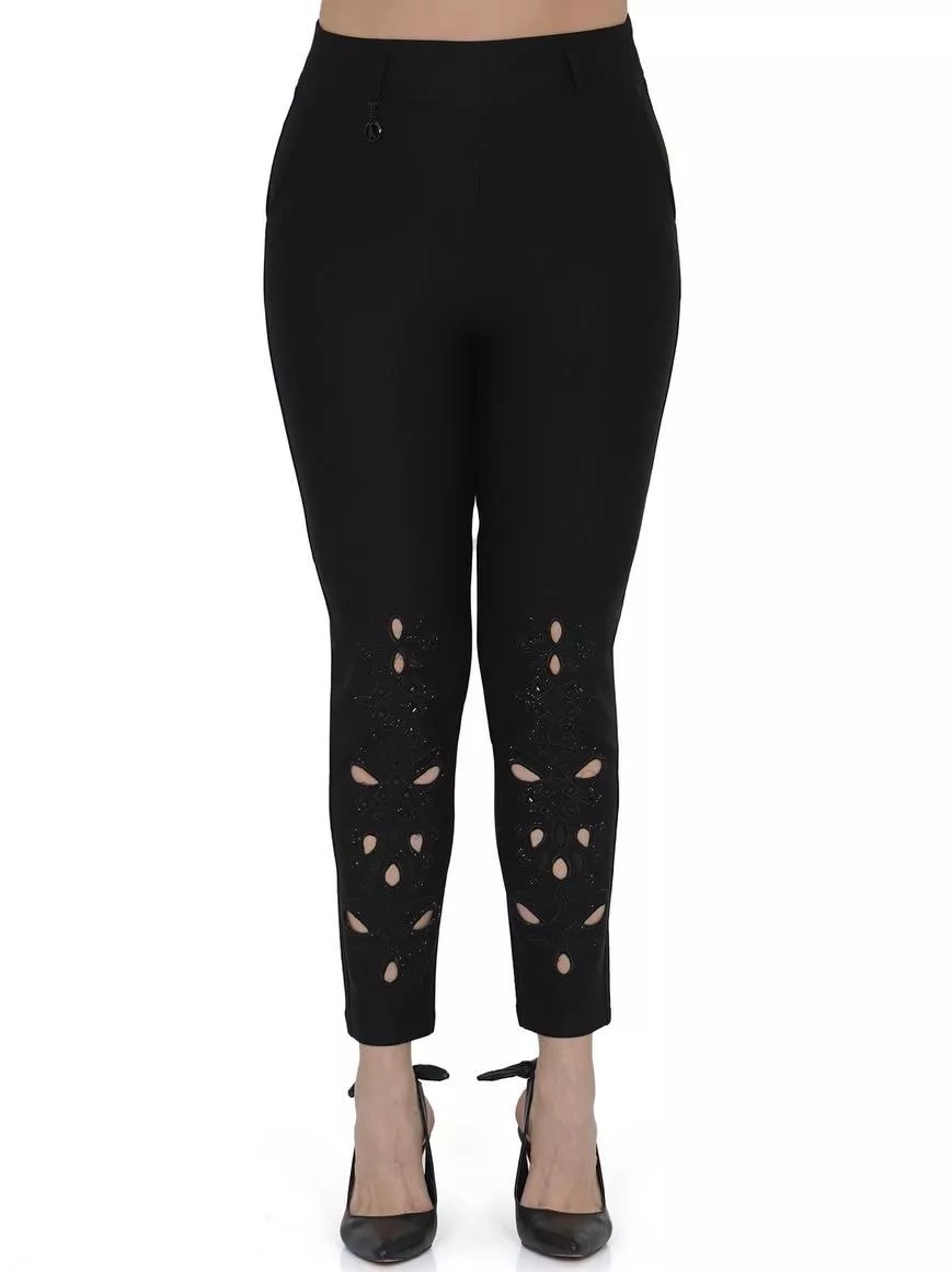 土耳其ZANESSI-黑色鏤空燙鑽合身長褲(大尺碼緊身褲)