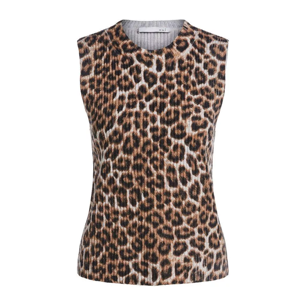 德國Oui-豹紋羅紋彈性薄羊毛無袖上衣