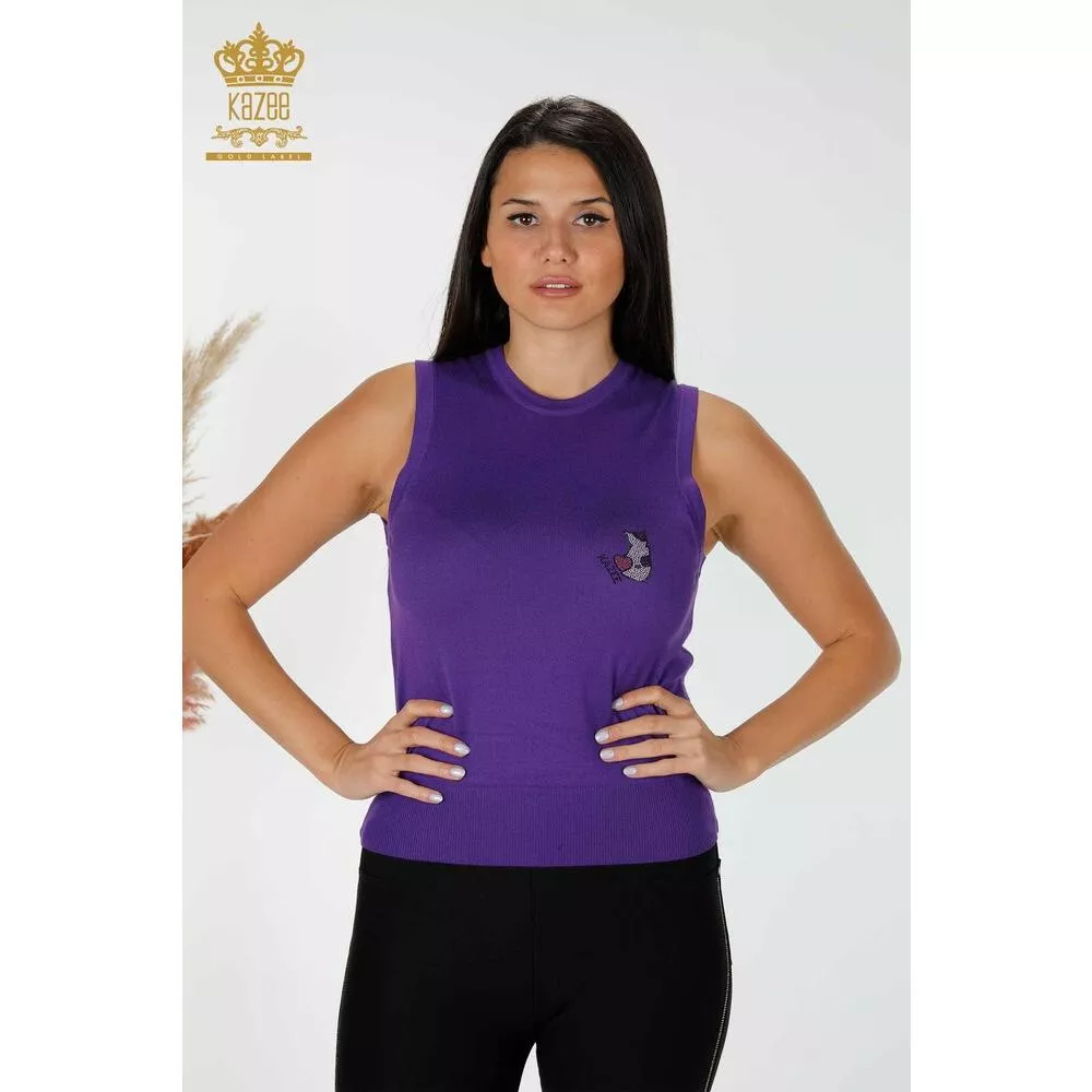土耳其KAZEE-紫色素面貓咪燙鑽無袖針織上衣