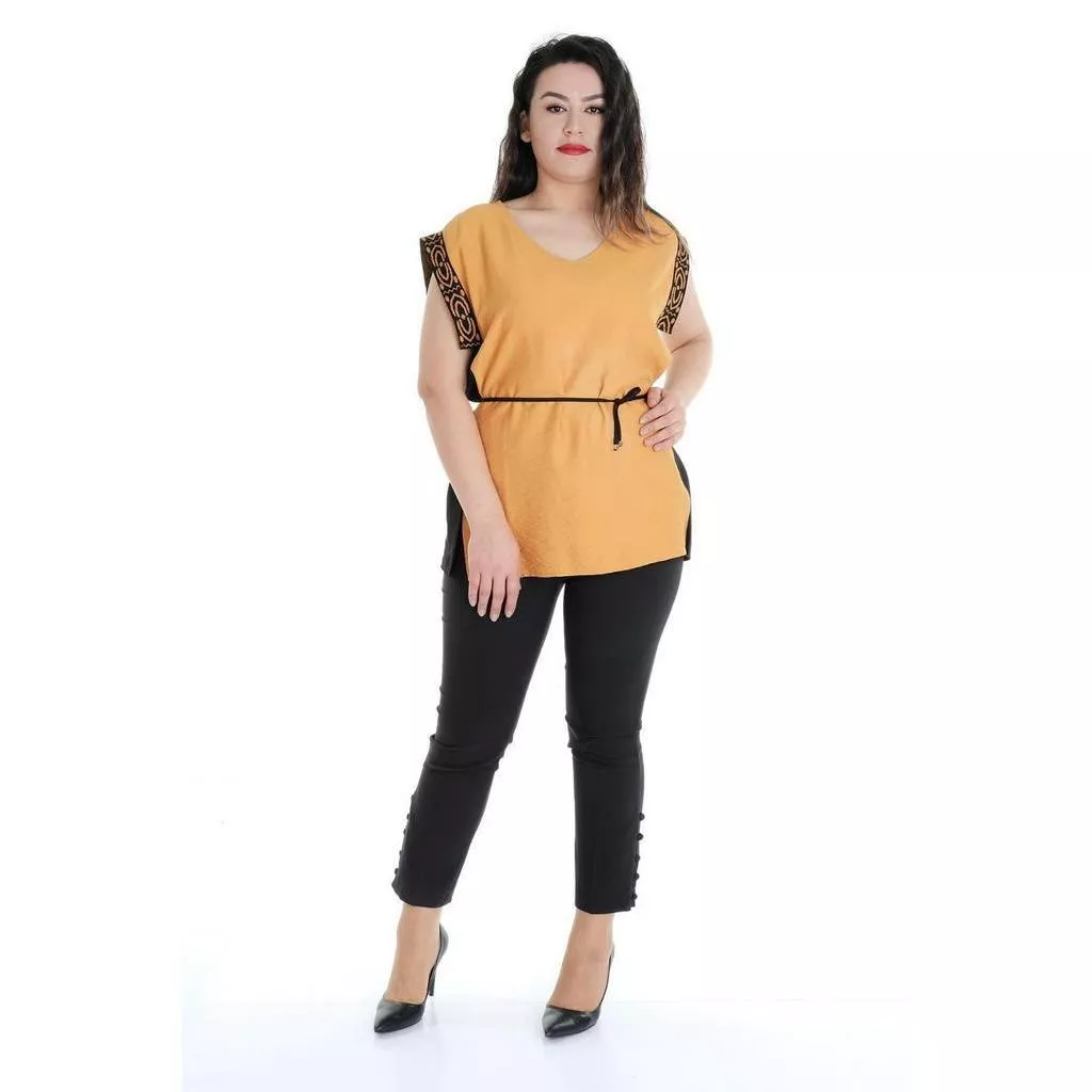 [虹銨歐洲時尚-中大尺碼]土耳其NERI-橘黃V領袖滾邊長版上衣大尺碼