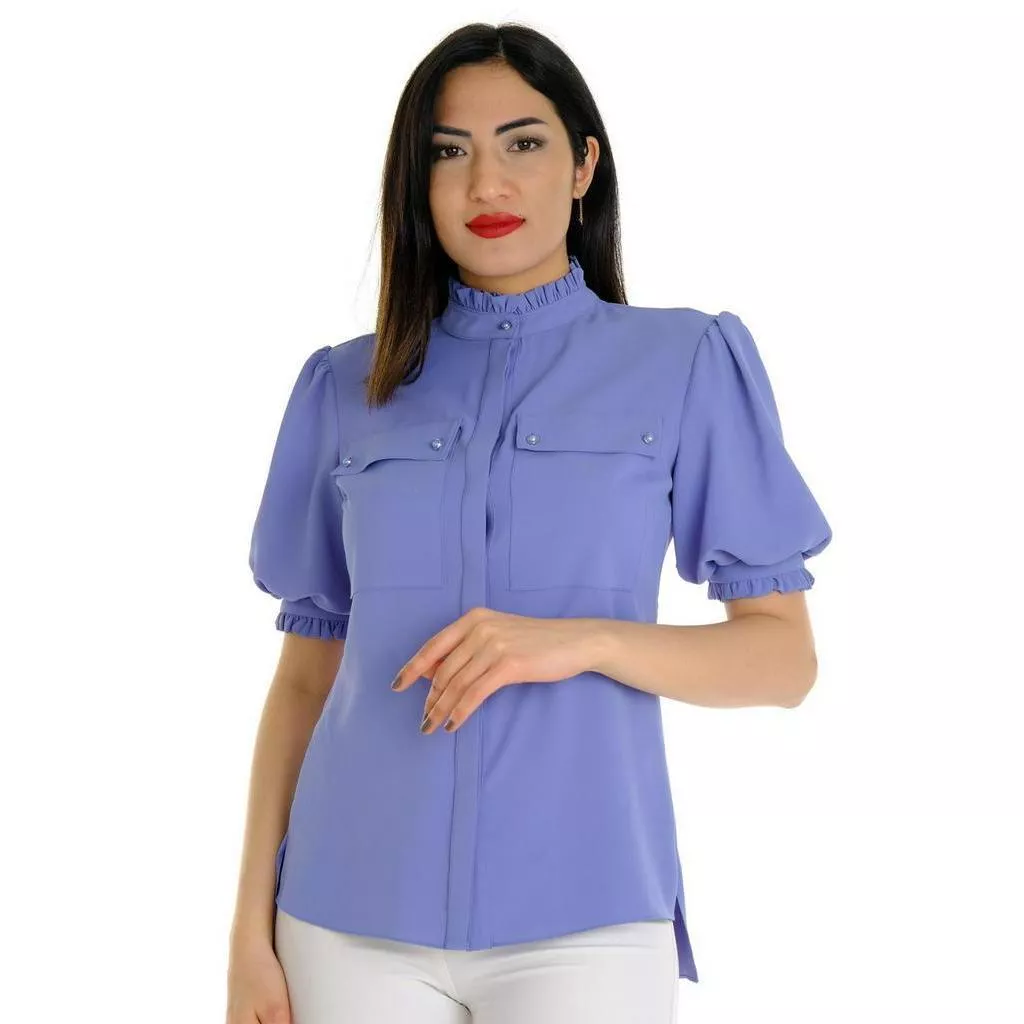 [虹銨歐洲時尚]土耳其Green Country-藍紫荷葉邊口袋短袖襯衫