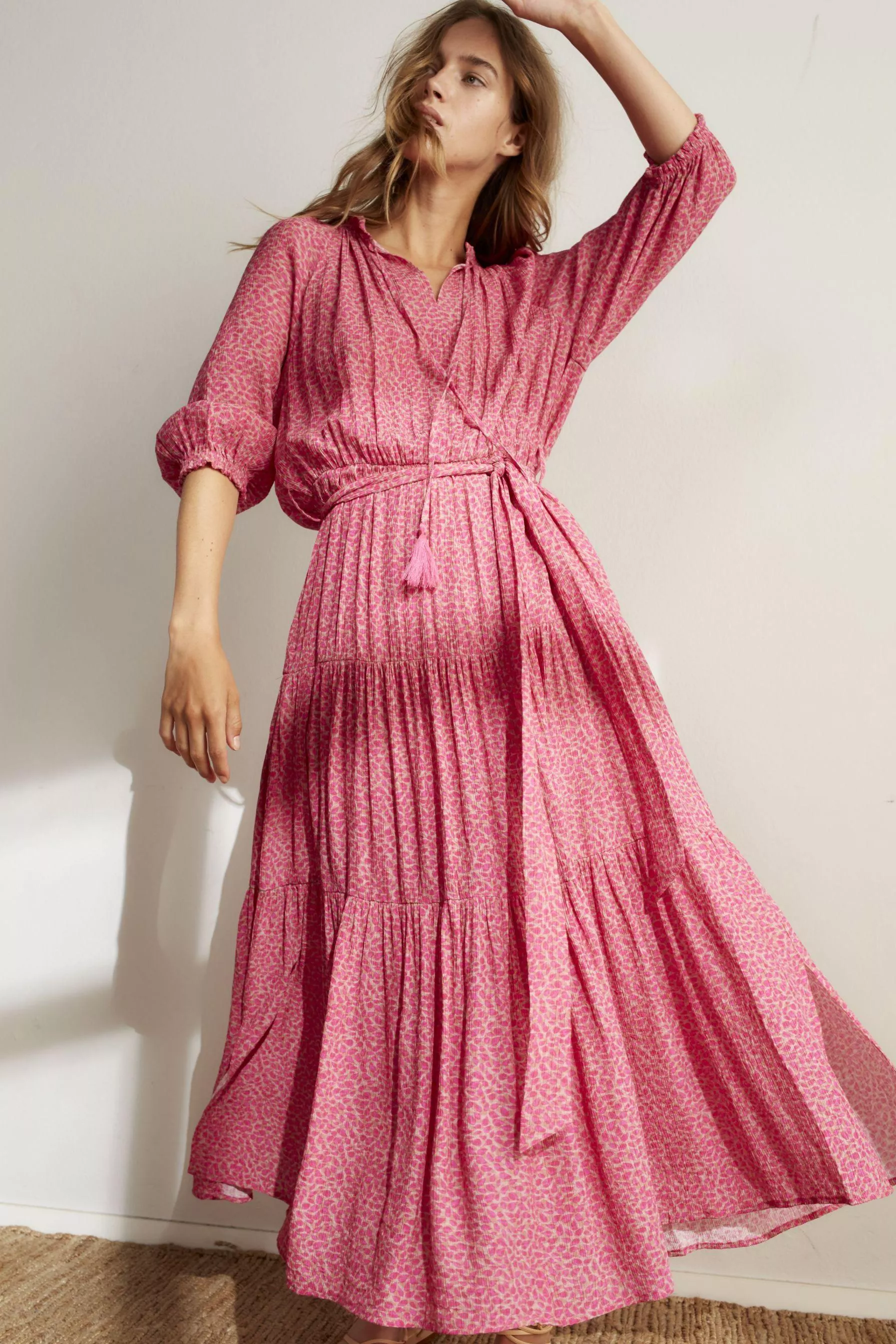 德國Oui-桃紅花瓣點七分袖長洋裝