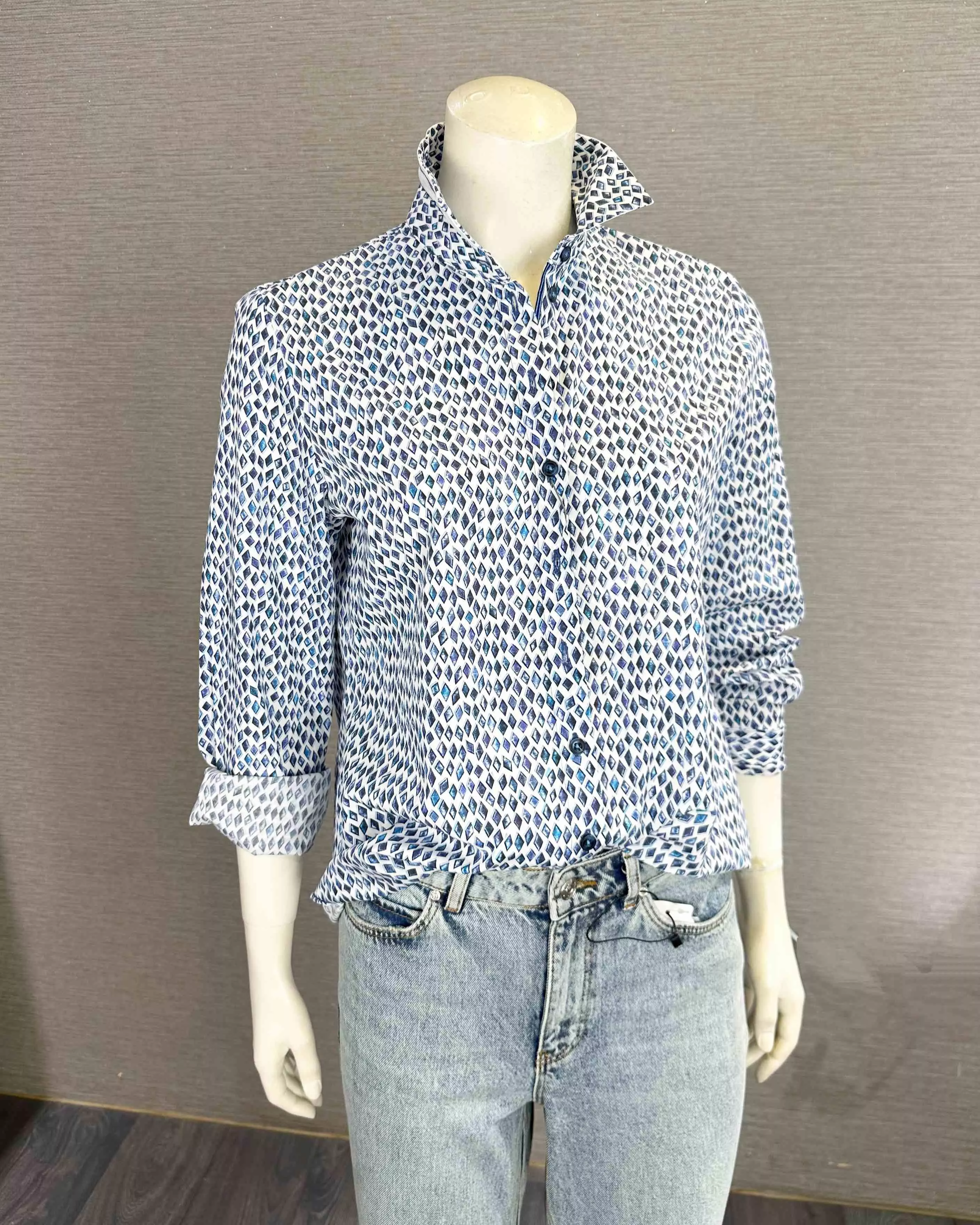 德國ERFO-籃白印花純棉襯衫歐洲製