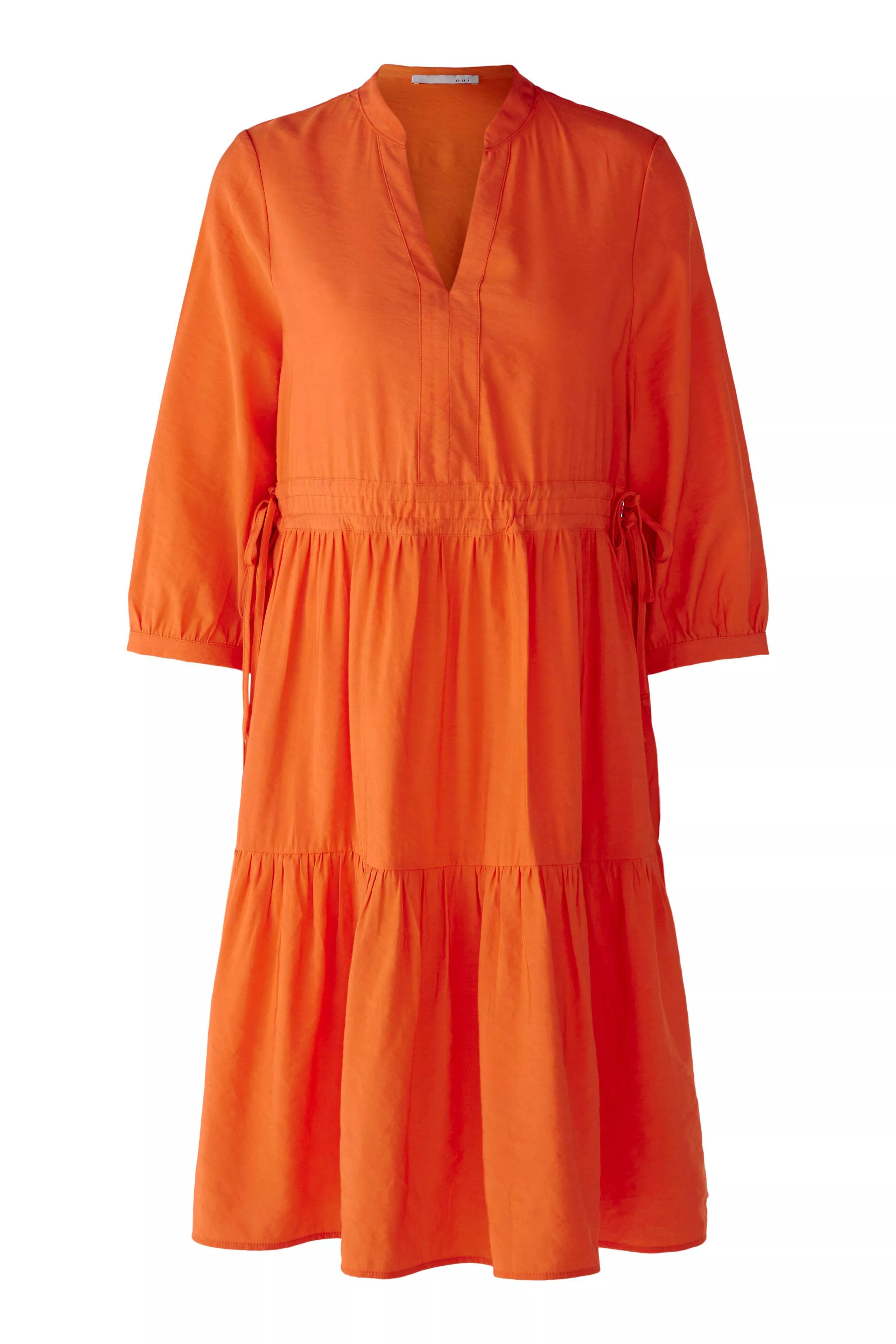 德國Oui-亮粉橘V領七分袖抽繩及膝洋裝