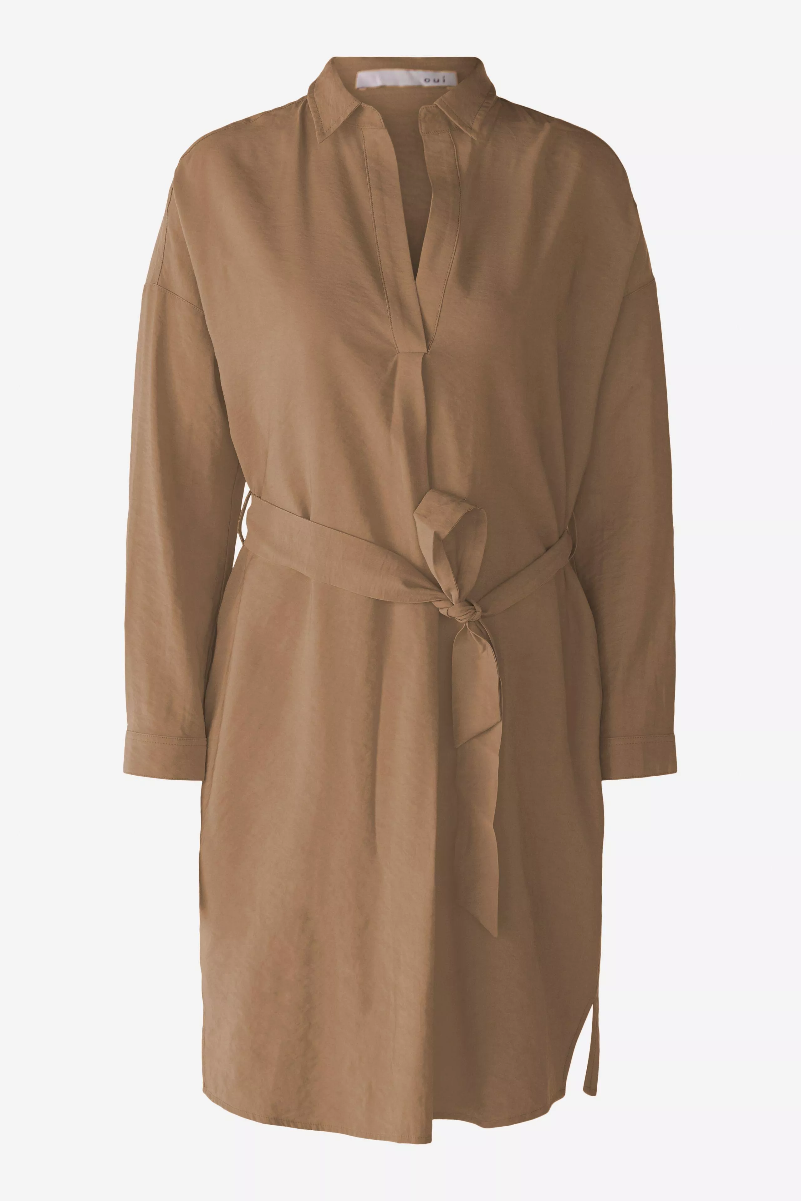 德國Oui-卡其色V領綁帶長袖寬鬆及膝洋裝