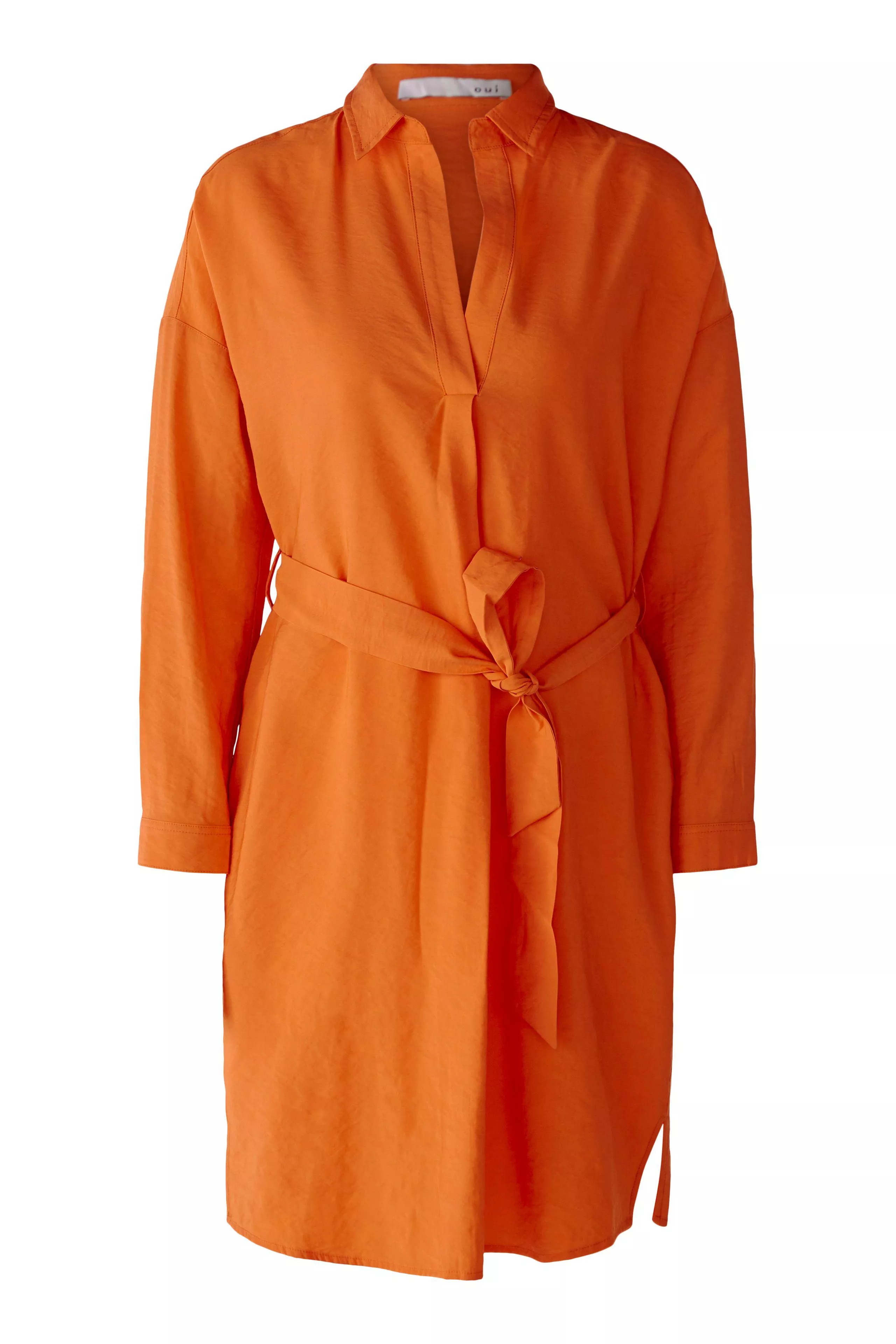 德國Oui-橘色V領綁帶長袖寬鬆及膝洋裝