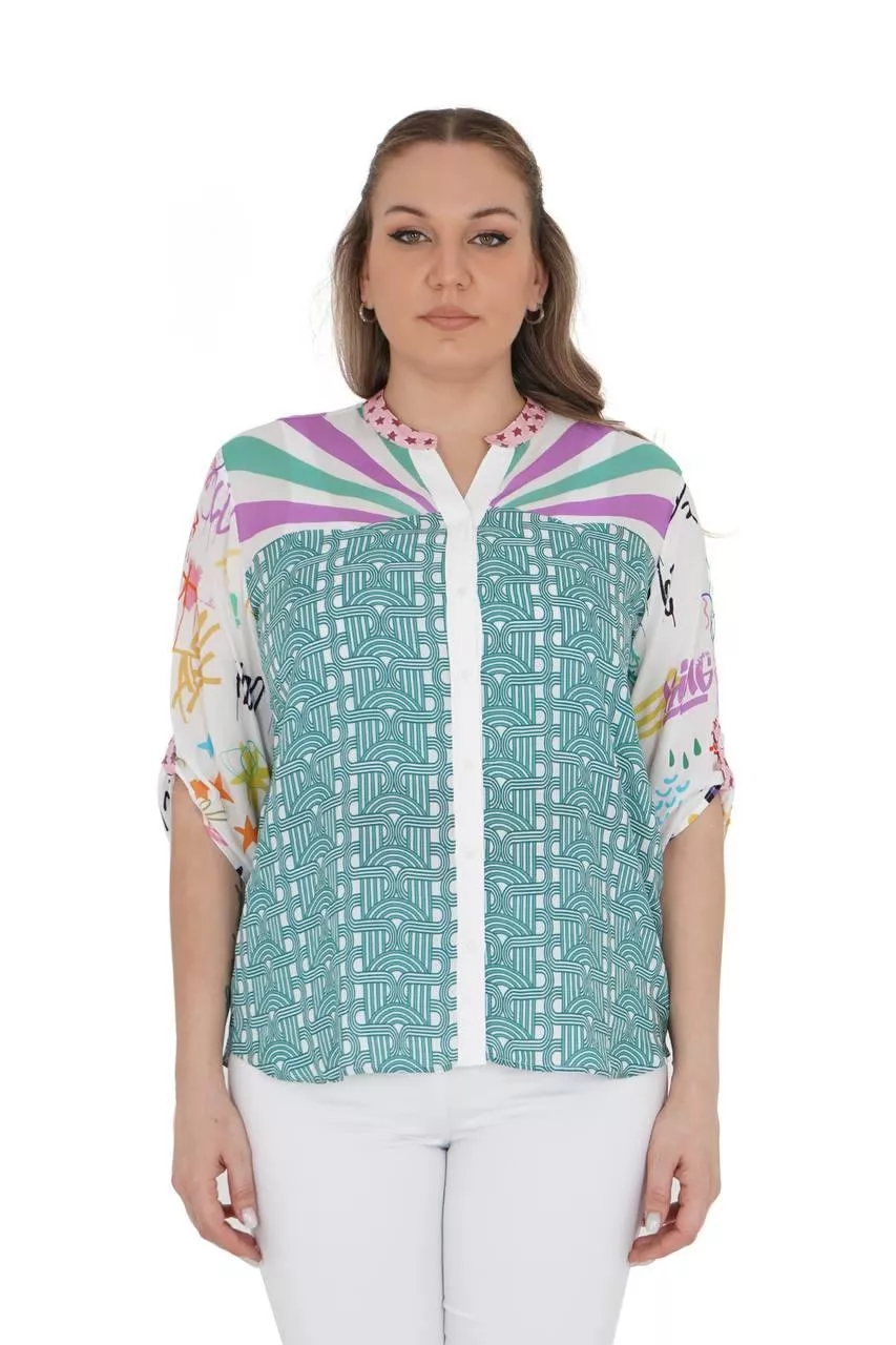 土耳其GRANDI-綠色塗鴉風併布七分袖襯衫(大尺碼)