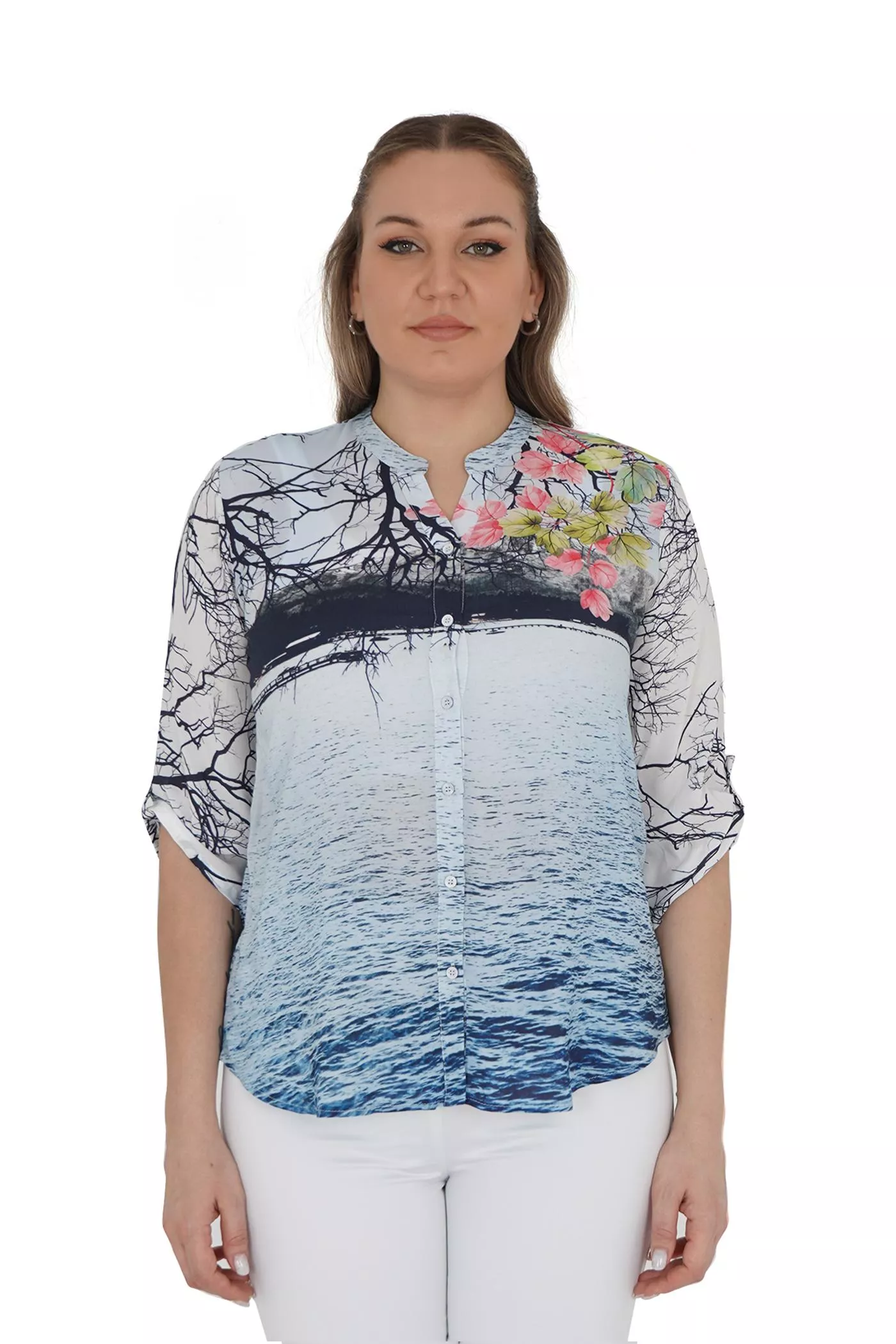 土耳其GRANDI- 水藍湖畔印花七分袖襯衫(大尺碼)