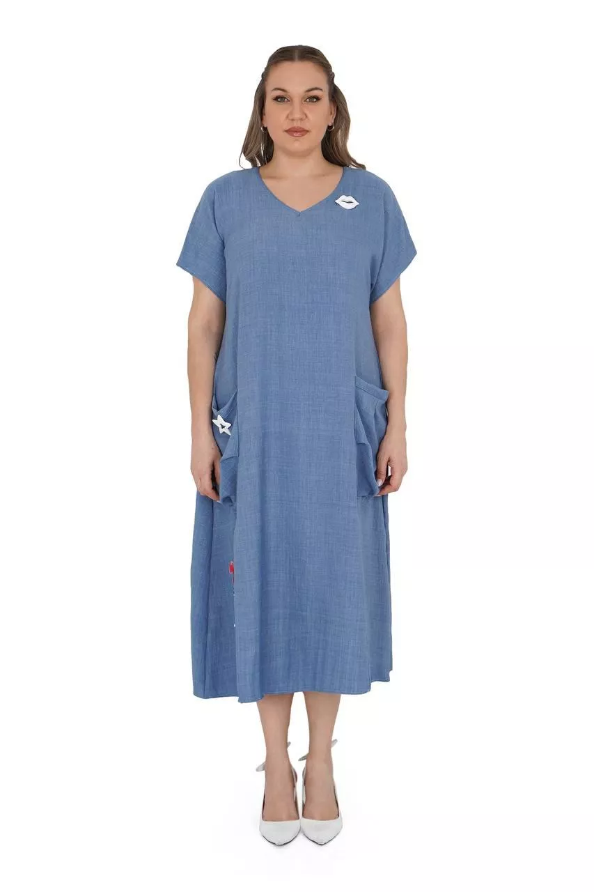 土耳其Darkwin-藍色V領開叉洋裝(超大尺碼洋裝)