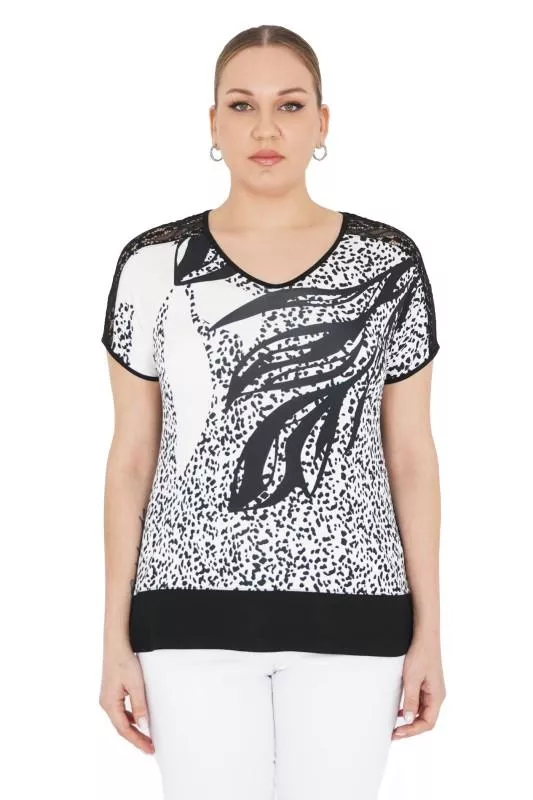 土耳其DARKWIN-黑白葉片印花V領短袖上衣 (大尺碼上衣)