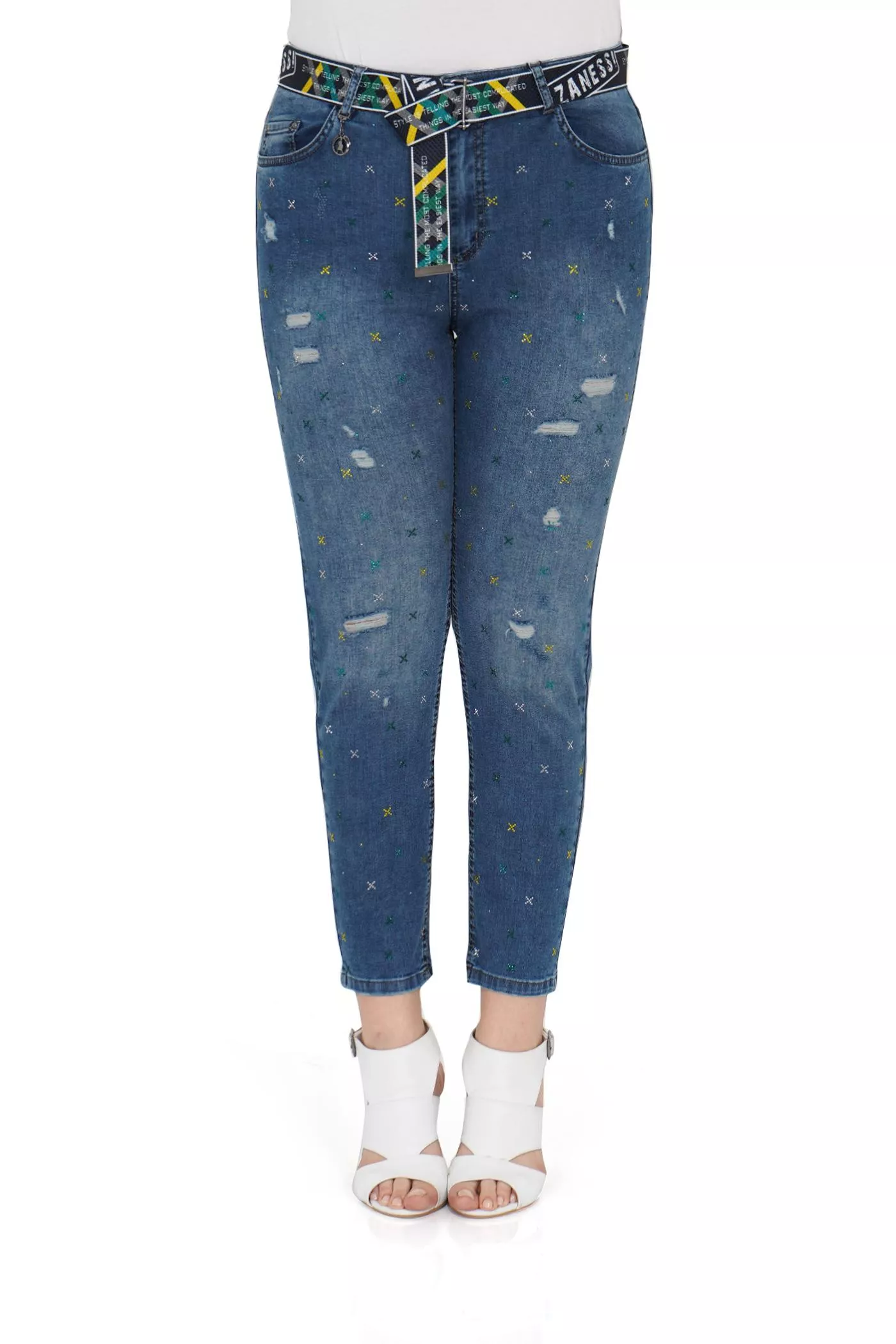 土耳其ZANESSI-藍色刷破繡花牛仔褲(大尺碼)