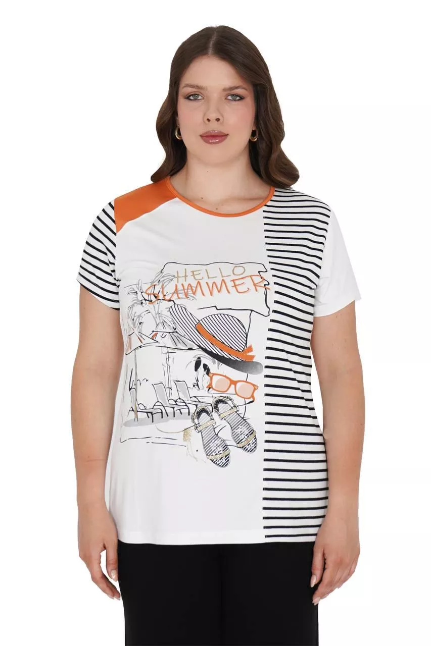 土耳其DARKWIN-白橘側條紋印花上衣(大尺碼)