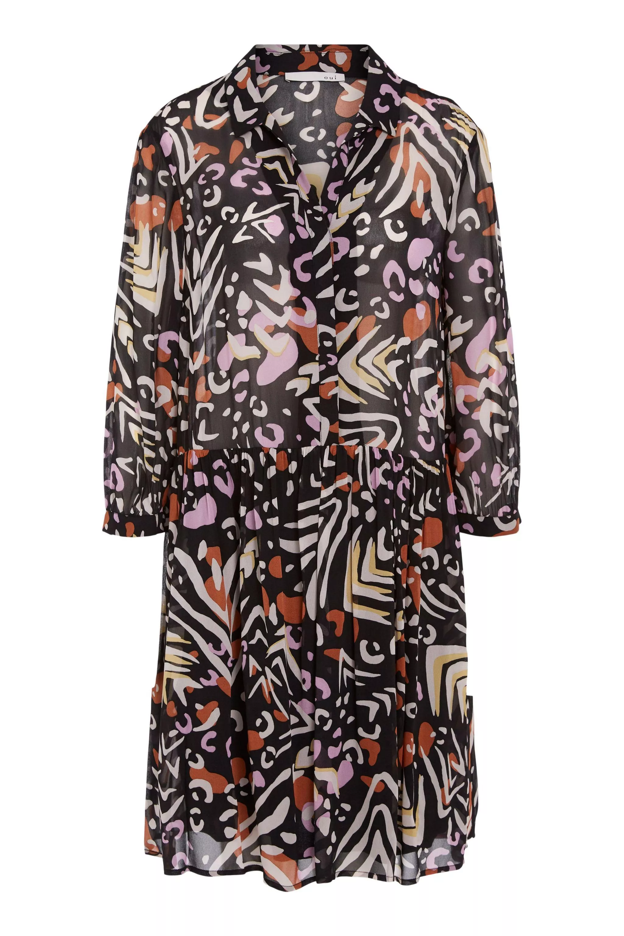 德國Oui-黑底抽象圖騰七分袖洋裝