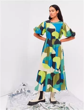 德國Oui-綠幾何印花公主袖長洋裝