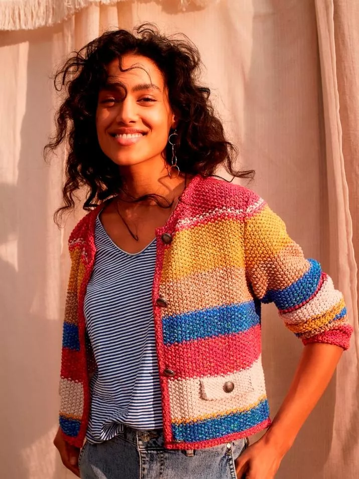 德國Oui-紅黃撞色橫條粗針外套