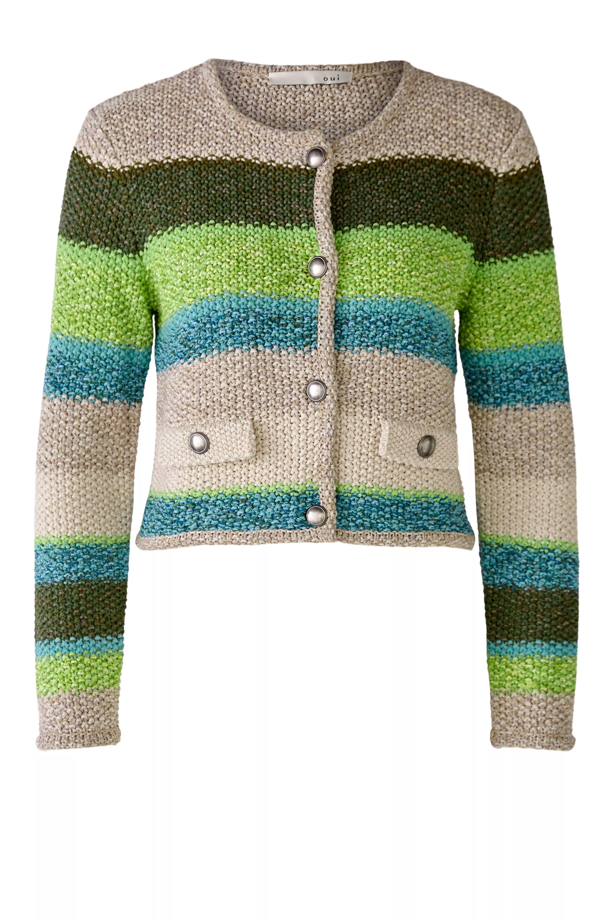 德國Oui-綠米撞色橫條粗針外套