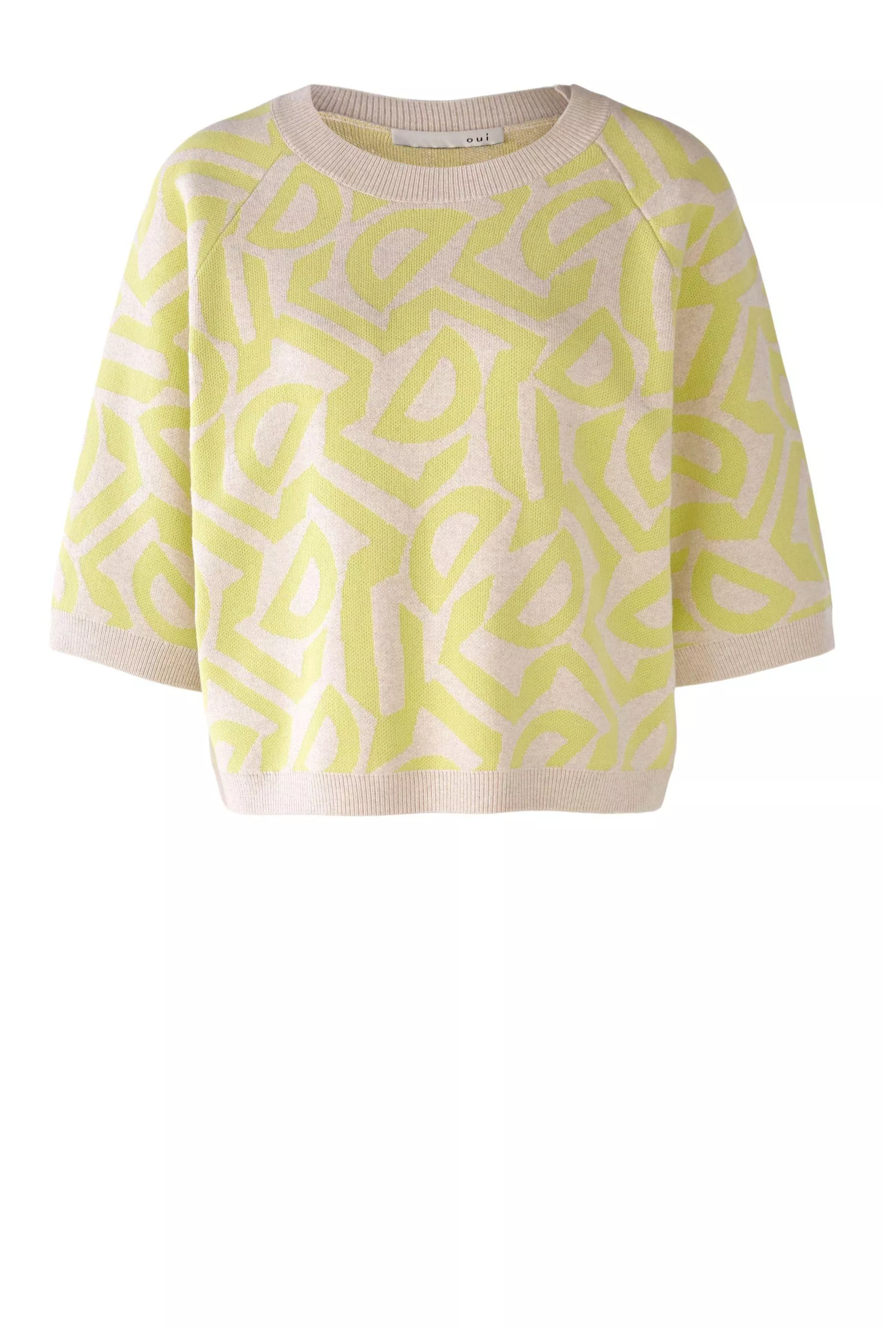 德國Oui-螢光綠圖騰削肩七分袖針織上衣