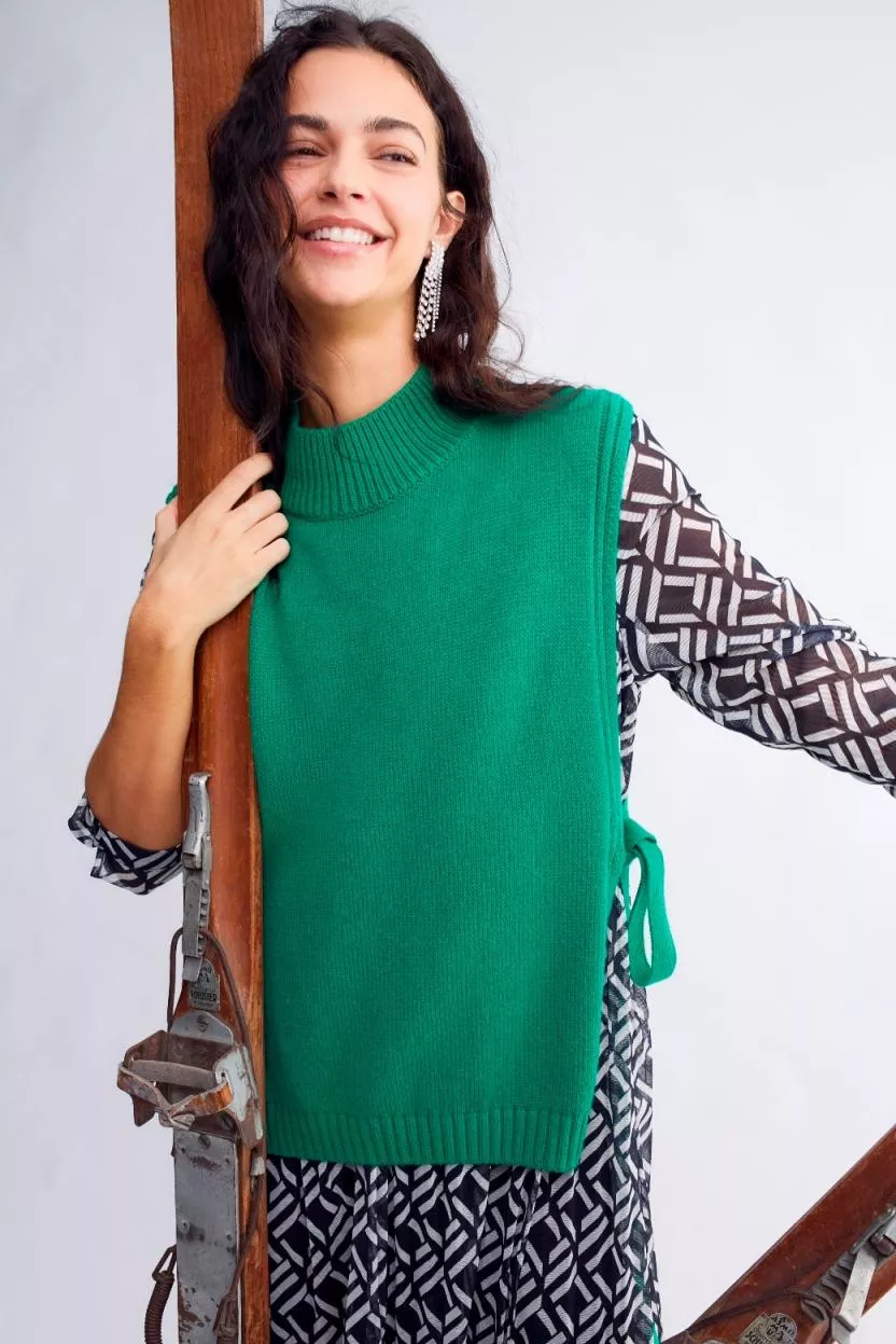 德國Oui-綠色立領側綁帶針織背心