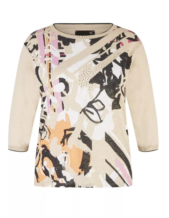 德國RABE-卡其黑橘紅印花七分袖上衣[歐洲製]