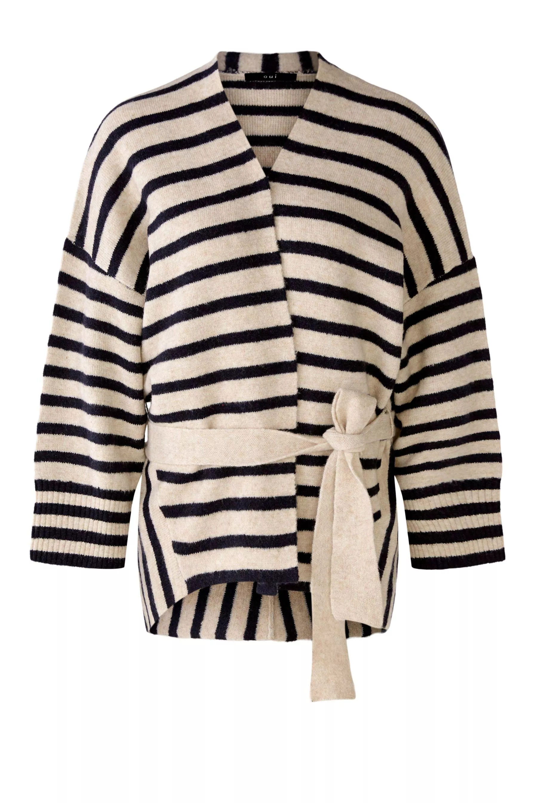 德國Oui-藍米色條紋開襟綁帶毛料針織外套