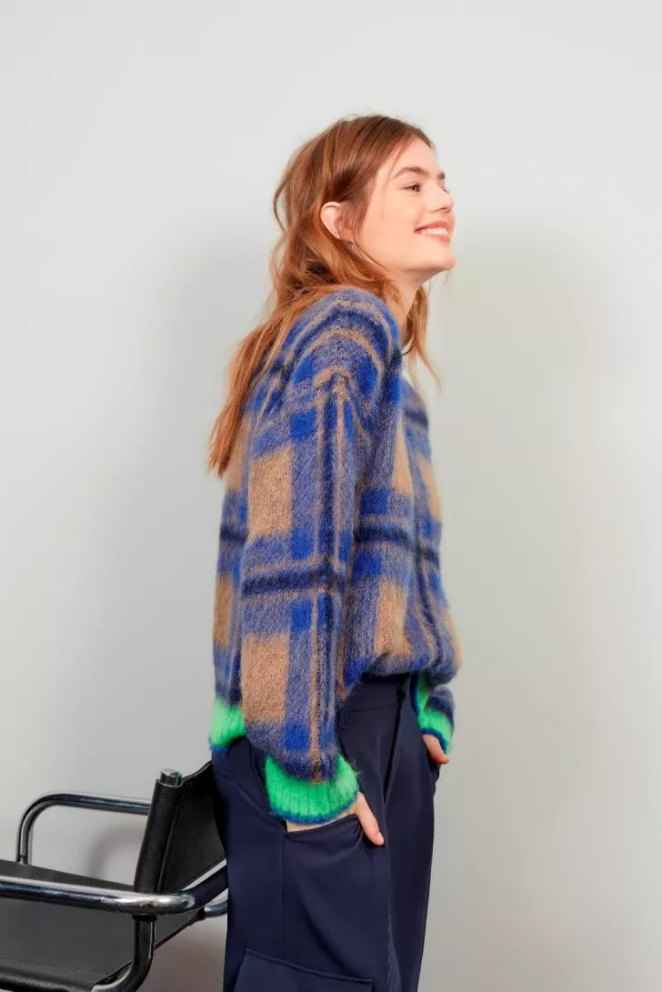 德國Oui-藍駝大方格羊駝長袖毛衣[義大利製]