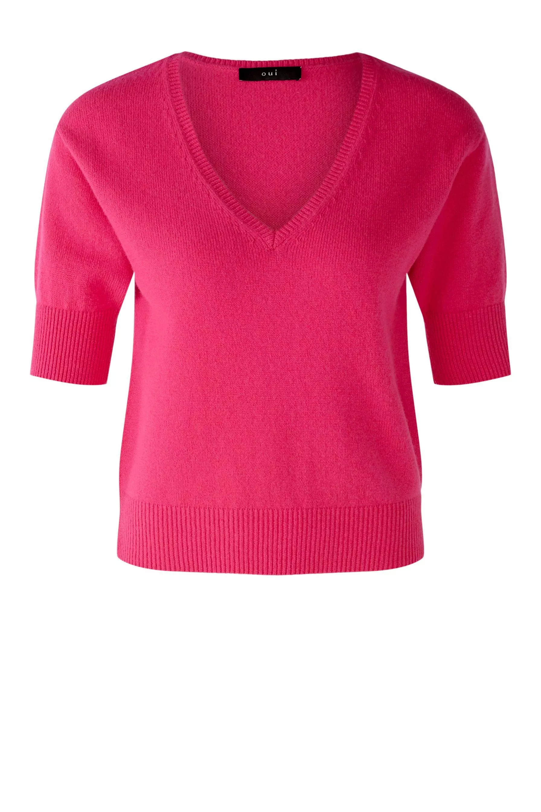 德國Oui- 桃紅色V領短袖羊毛上衣