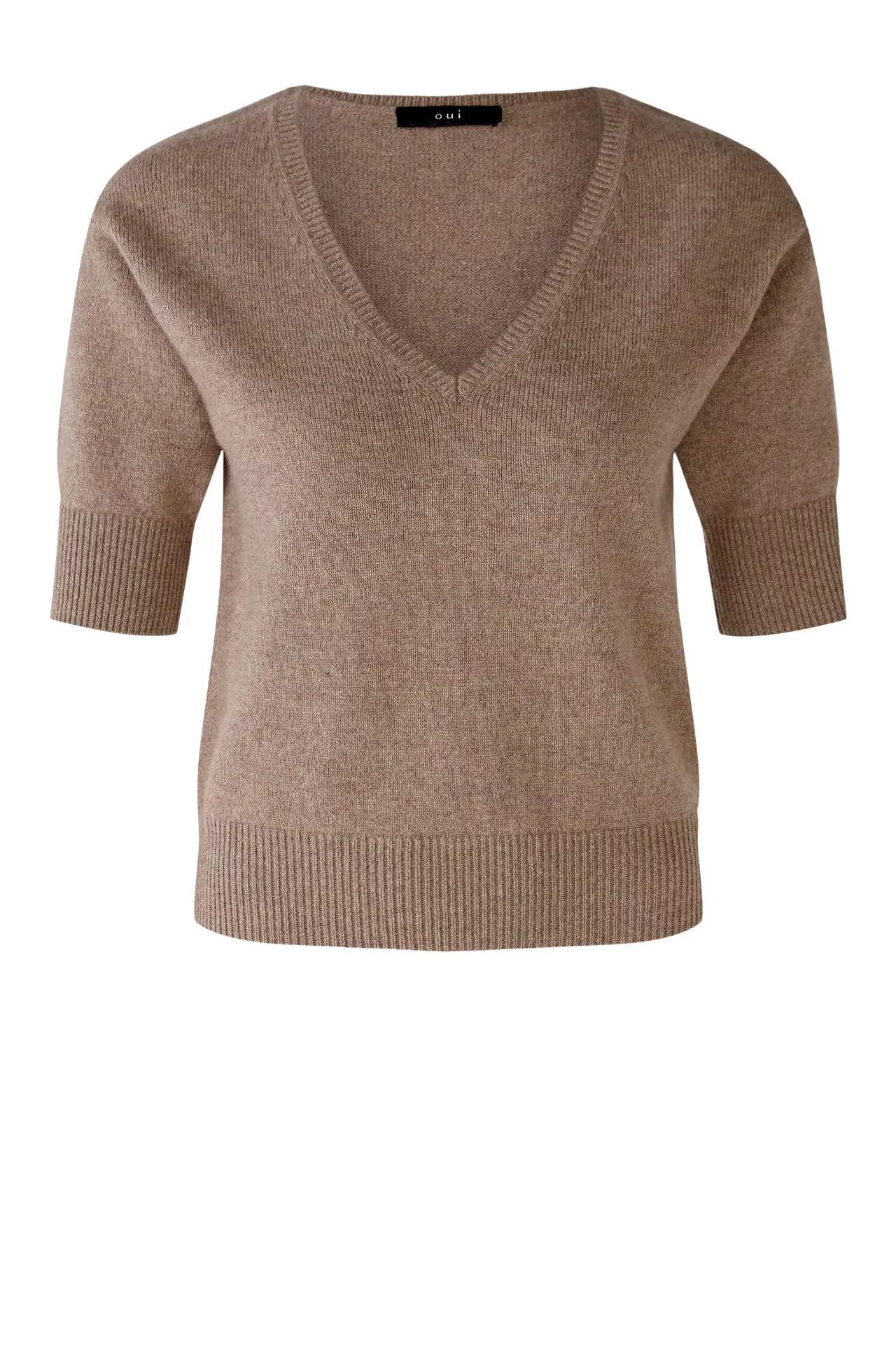 德國Oui-摩卡色V領短袖羊毛上衣