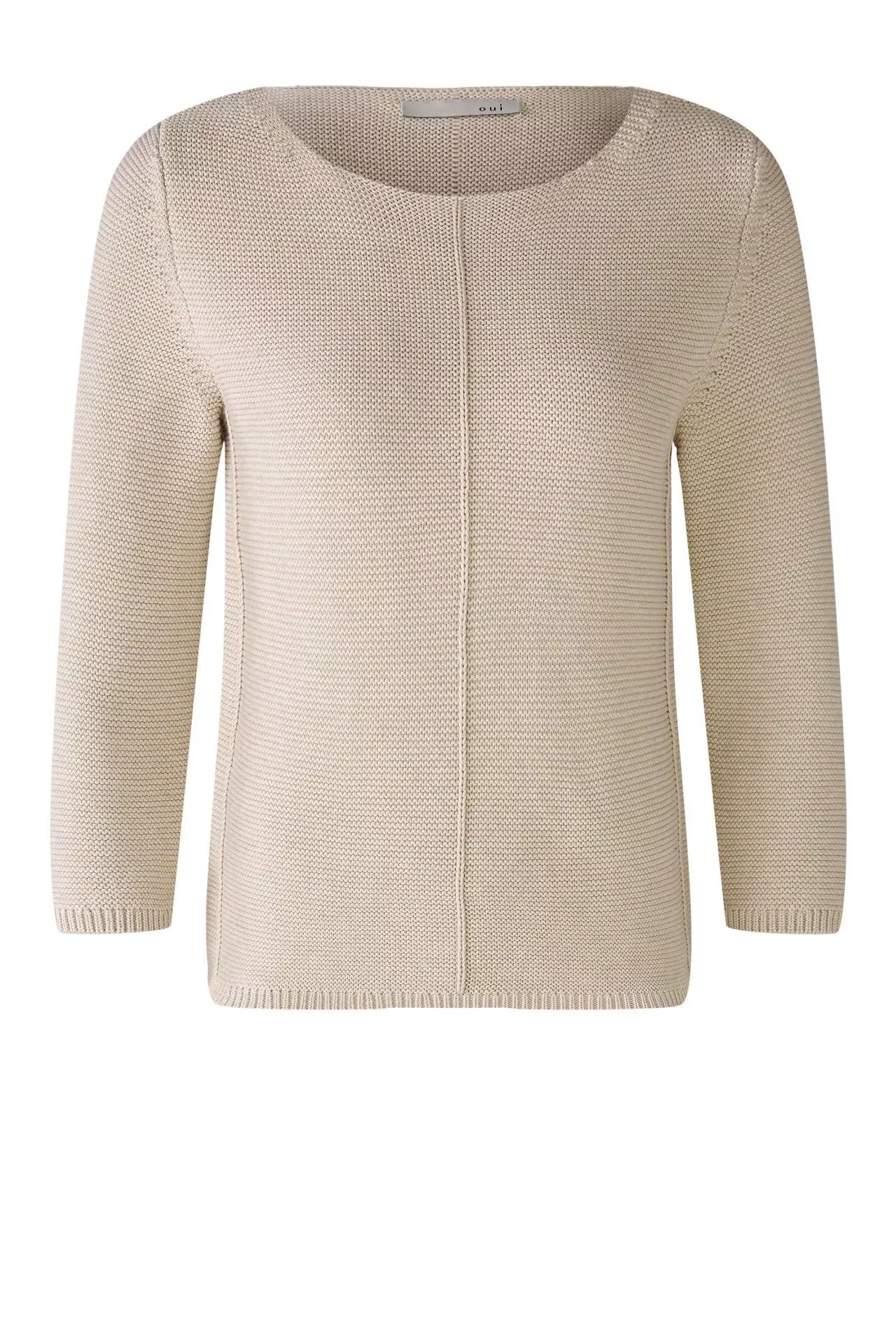 德國Oui-米褐色純棉波紋七分袖針織上衣