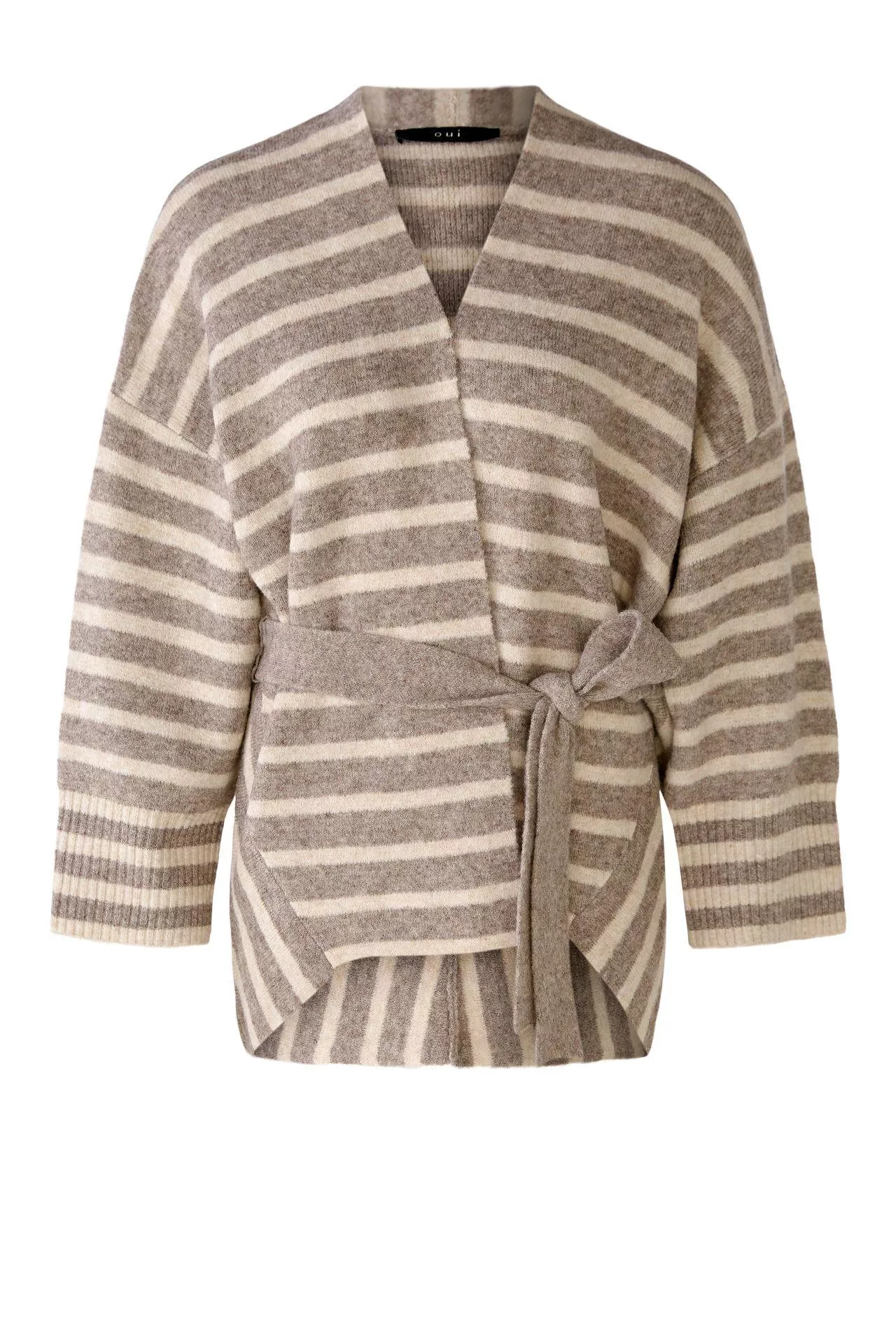 德國Oui-米白色條紋開襟綁帶毛料針織外套