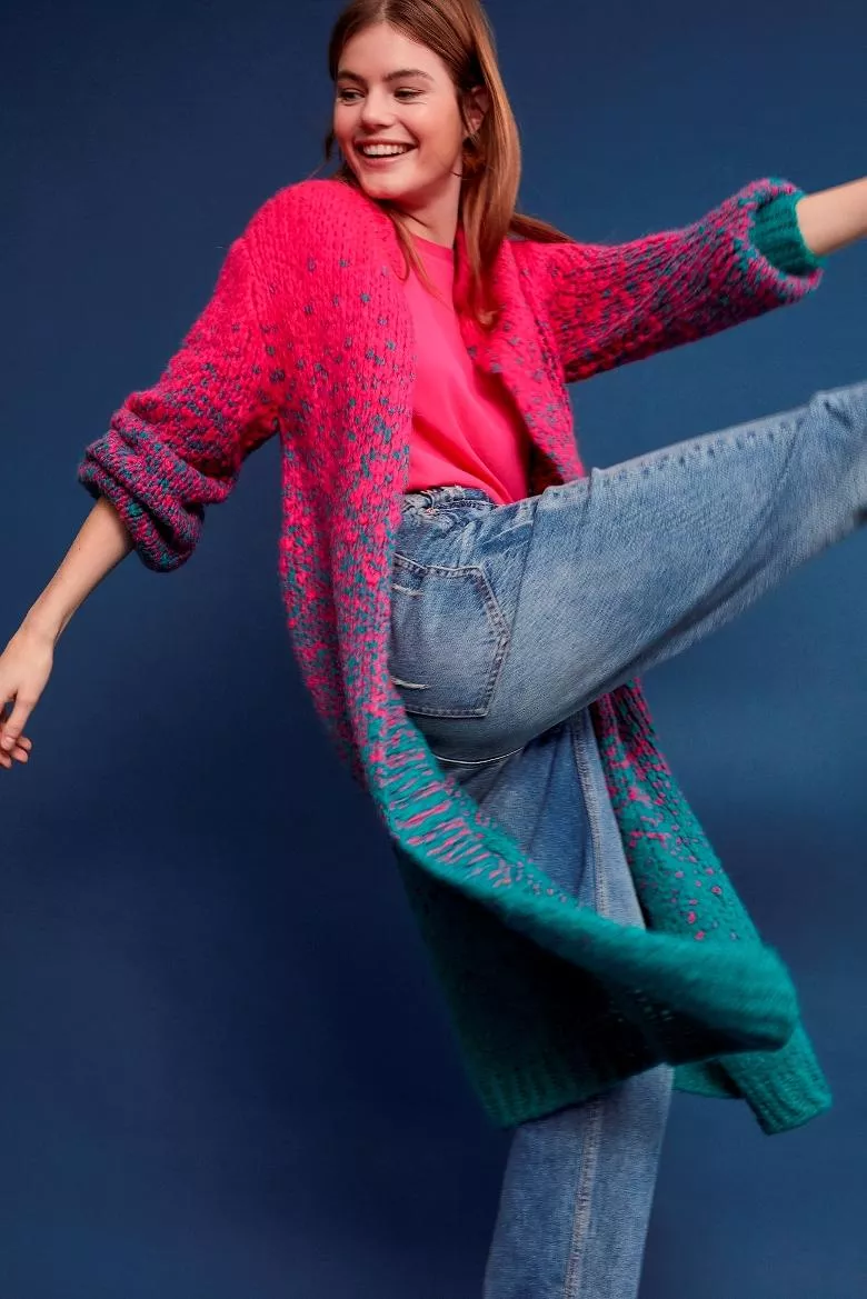 德國Oui-桃紅綠雙色長版粗針織外套