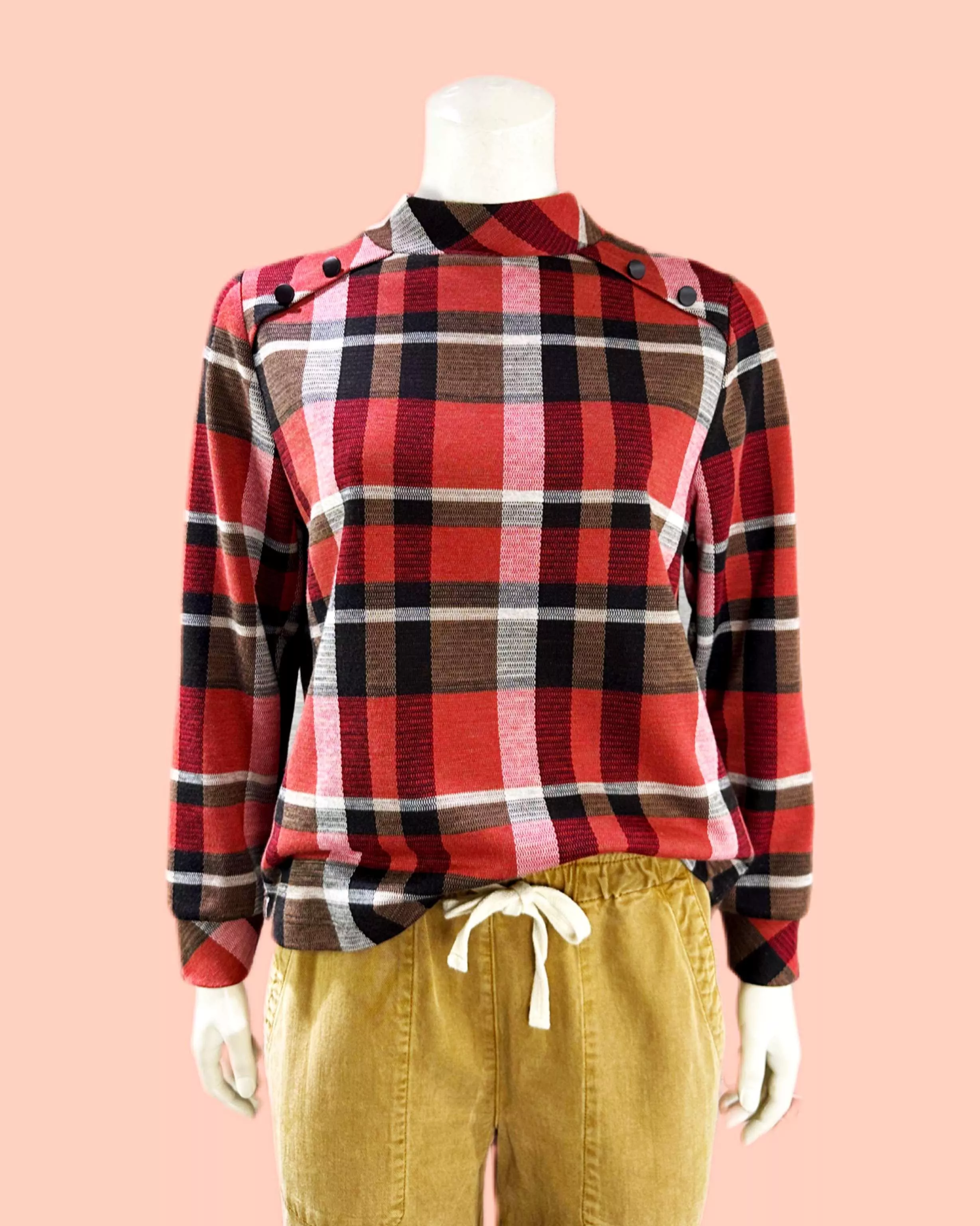 德國FRANK WALDER-紅格紋肩鈕釦造型長袖上衣