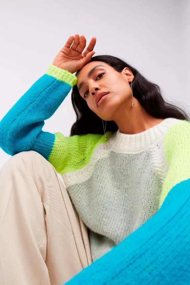 德國Oui-螢光綠菱形圓領撞色毛衣[義大利製]