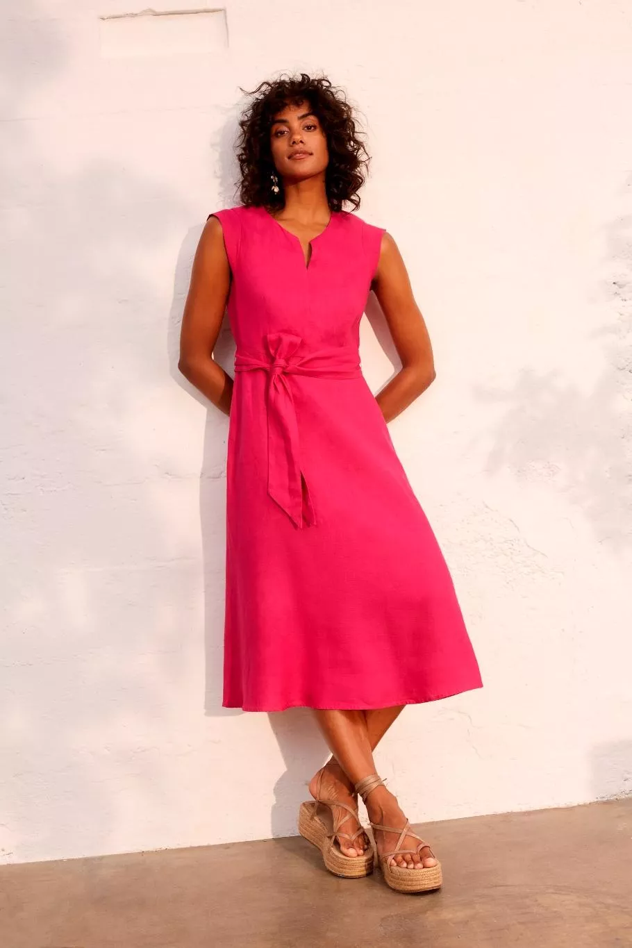 德國Oui-桃紅V領亞麻洋裝