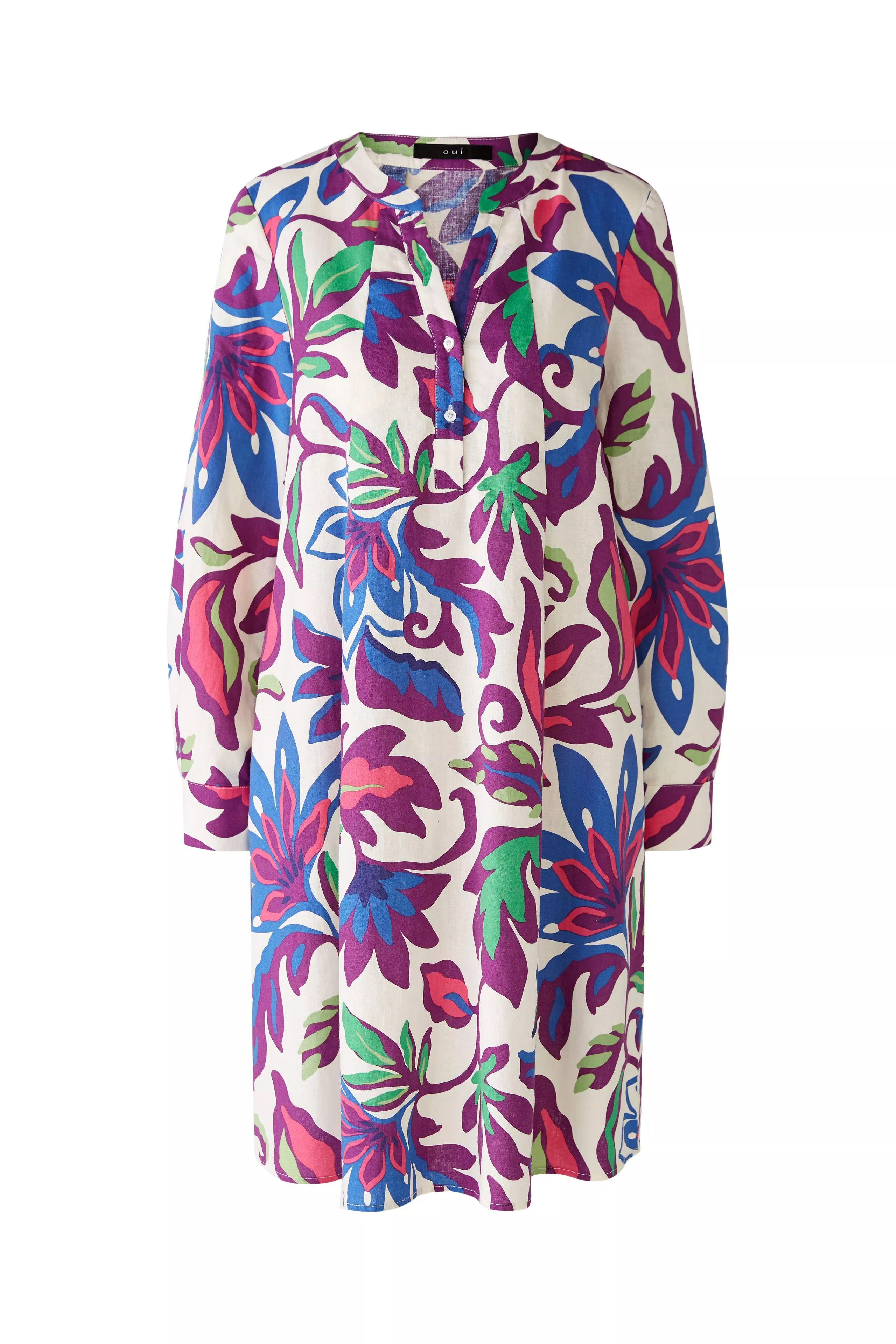 德國Oui-紫大花卉V領棉麻長袖洋裝