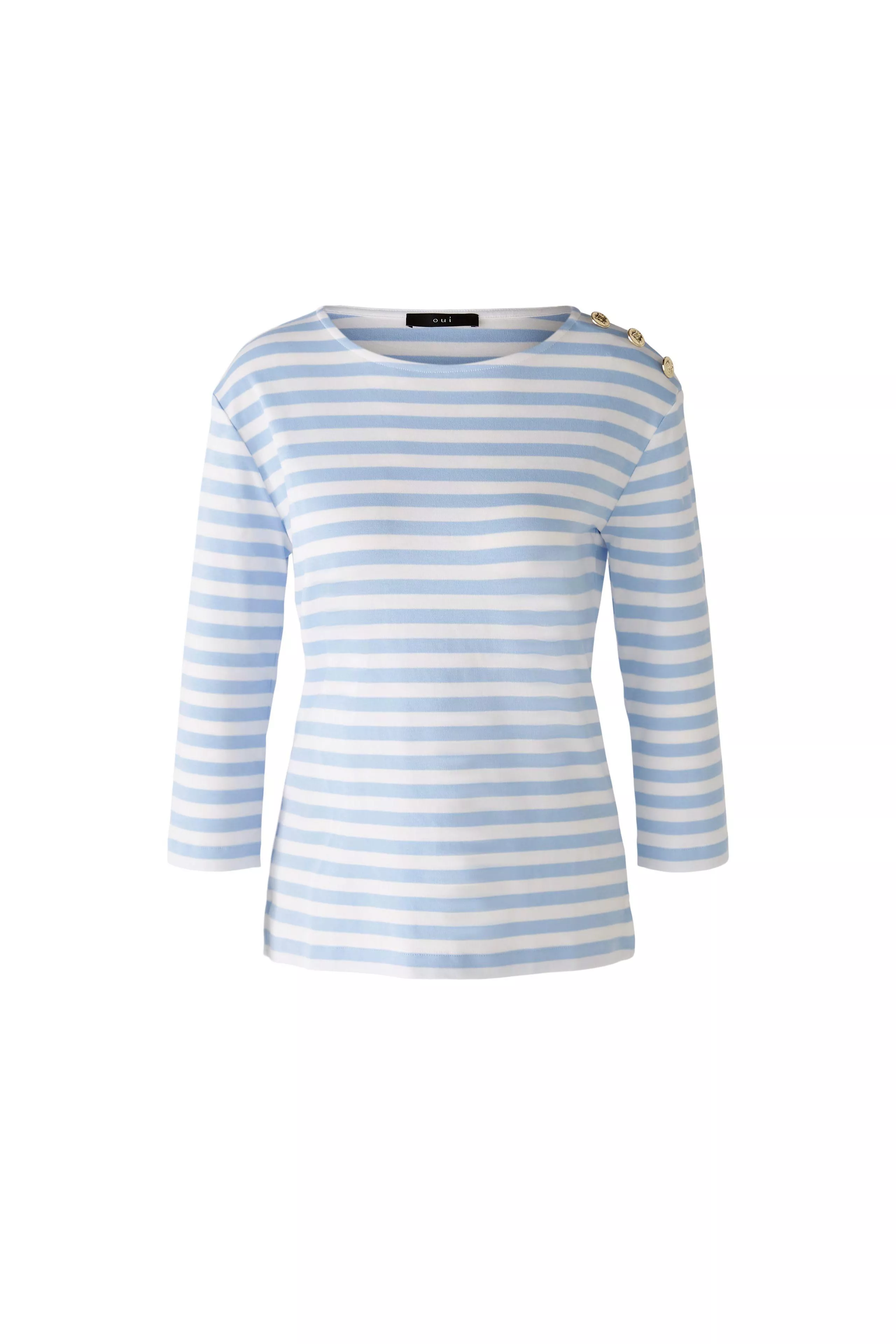 德國Oui-淺藍色條紋肩鈕釦七分袖上衣