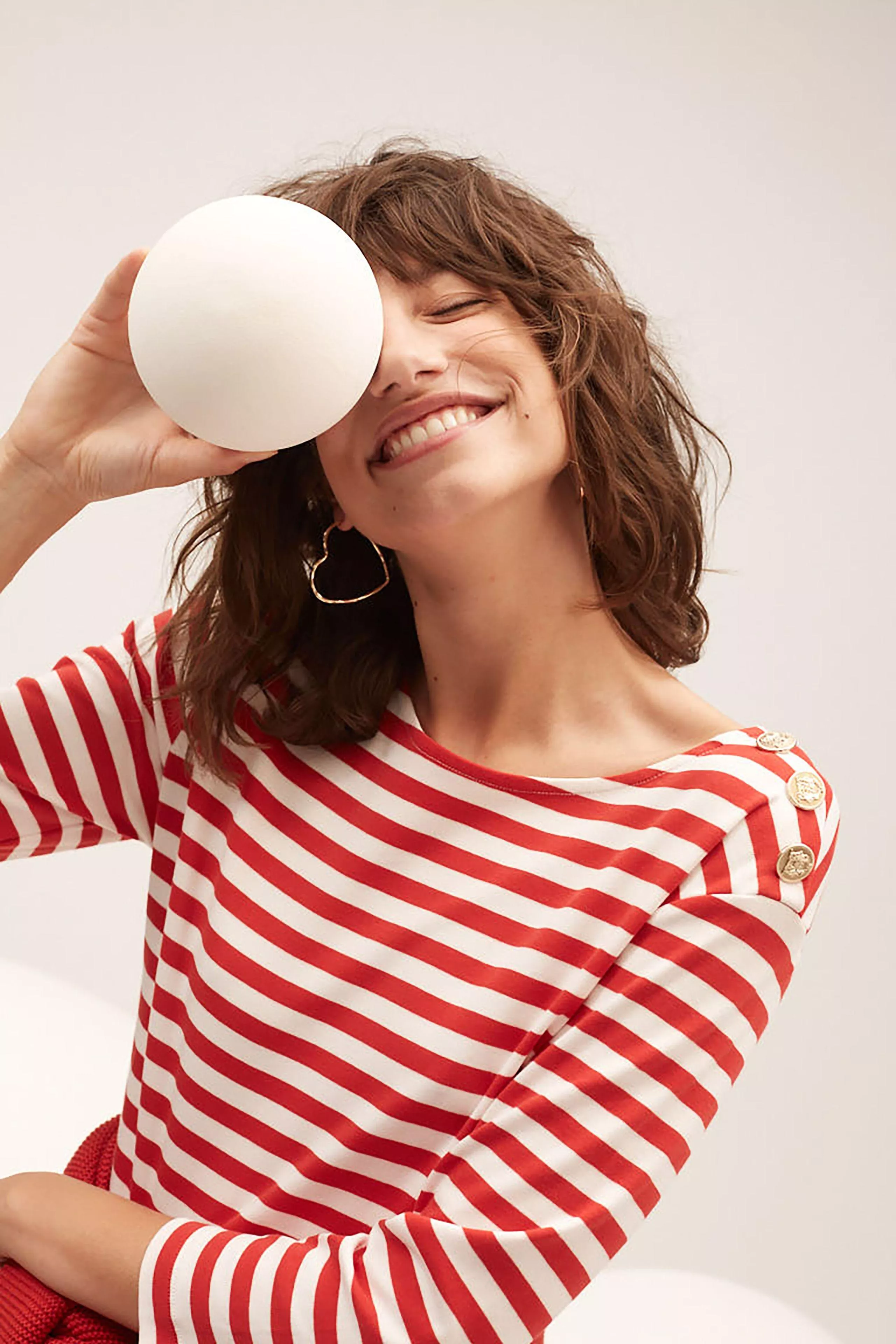 德國Oui-紅白色條紋肩鈕釦七分袖上衣