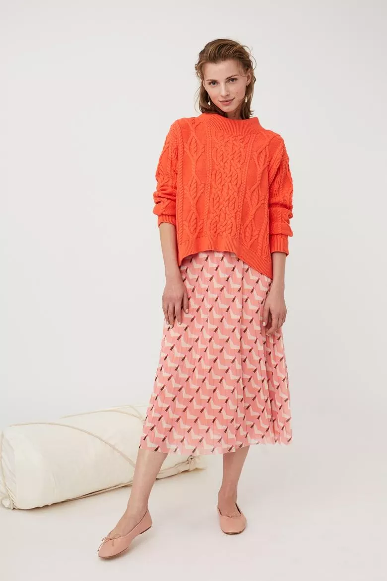 德國Oui-蜜桃粉幾何印花網紗長裙