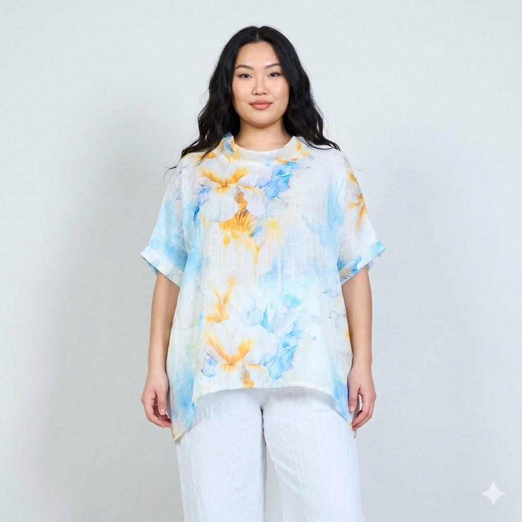 義大利MICHELA MII-米藍色水彩花卉印花棉紗上衣